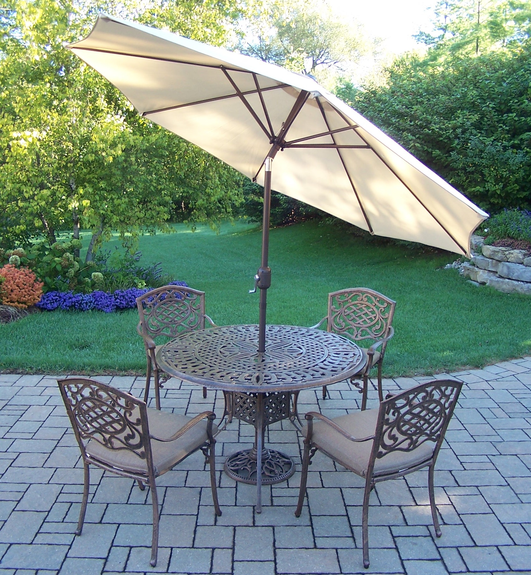 Oakland Living Patio Dining Set Cast Aluminum 7 Pc. w/ 48" table, Cushions, Stackable Chairs, Umbrella and Stand