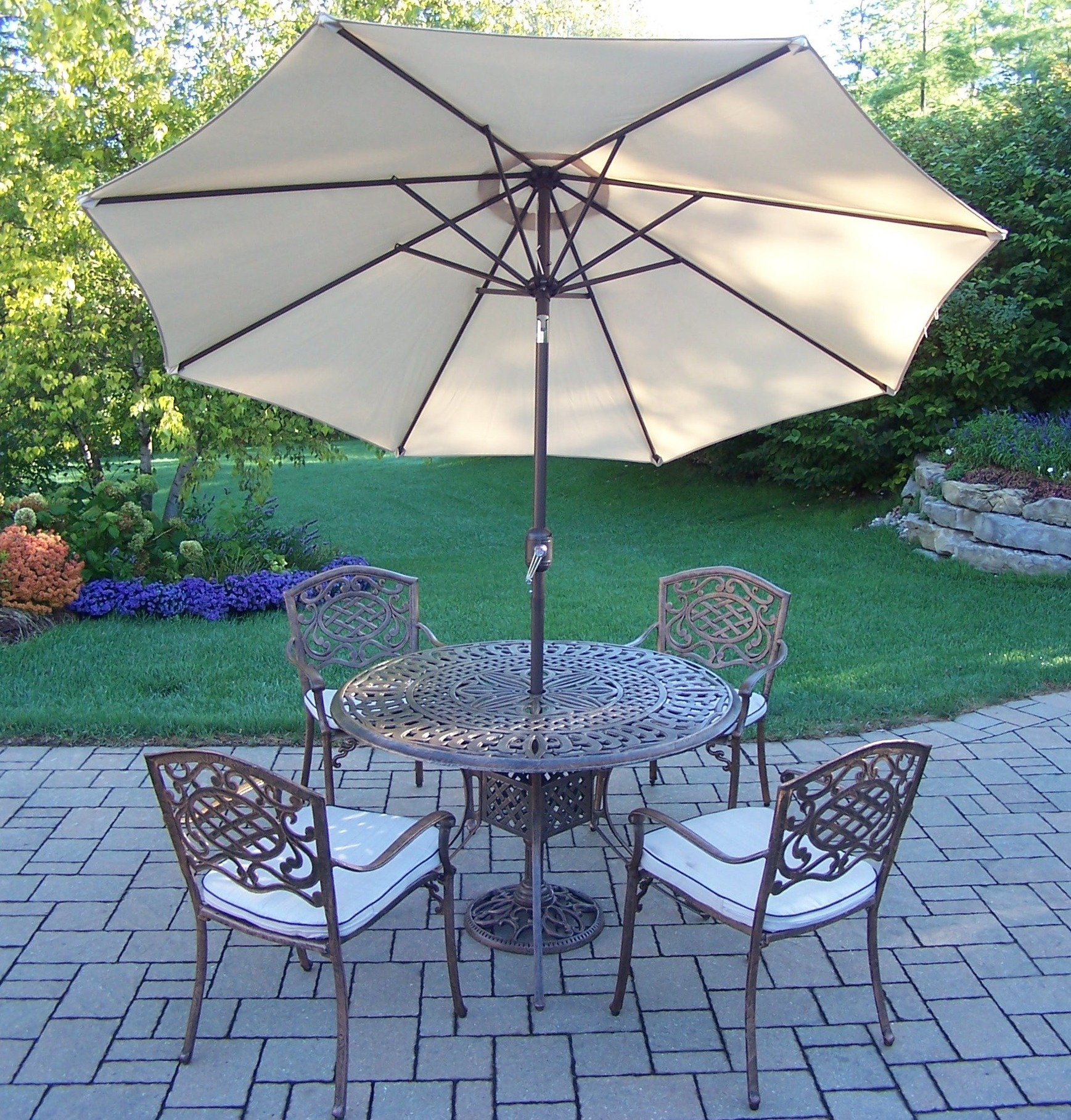 Oakland Living Patio Dining Set Cast Aluminum 7 Pc. w/ 48" table, Cushioned Stackable Chairs, Umbrella & Stand