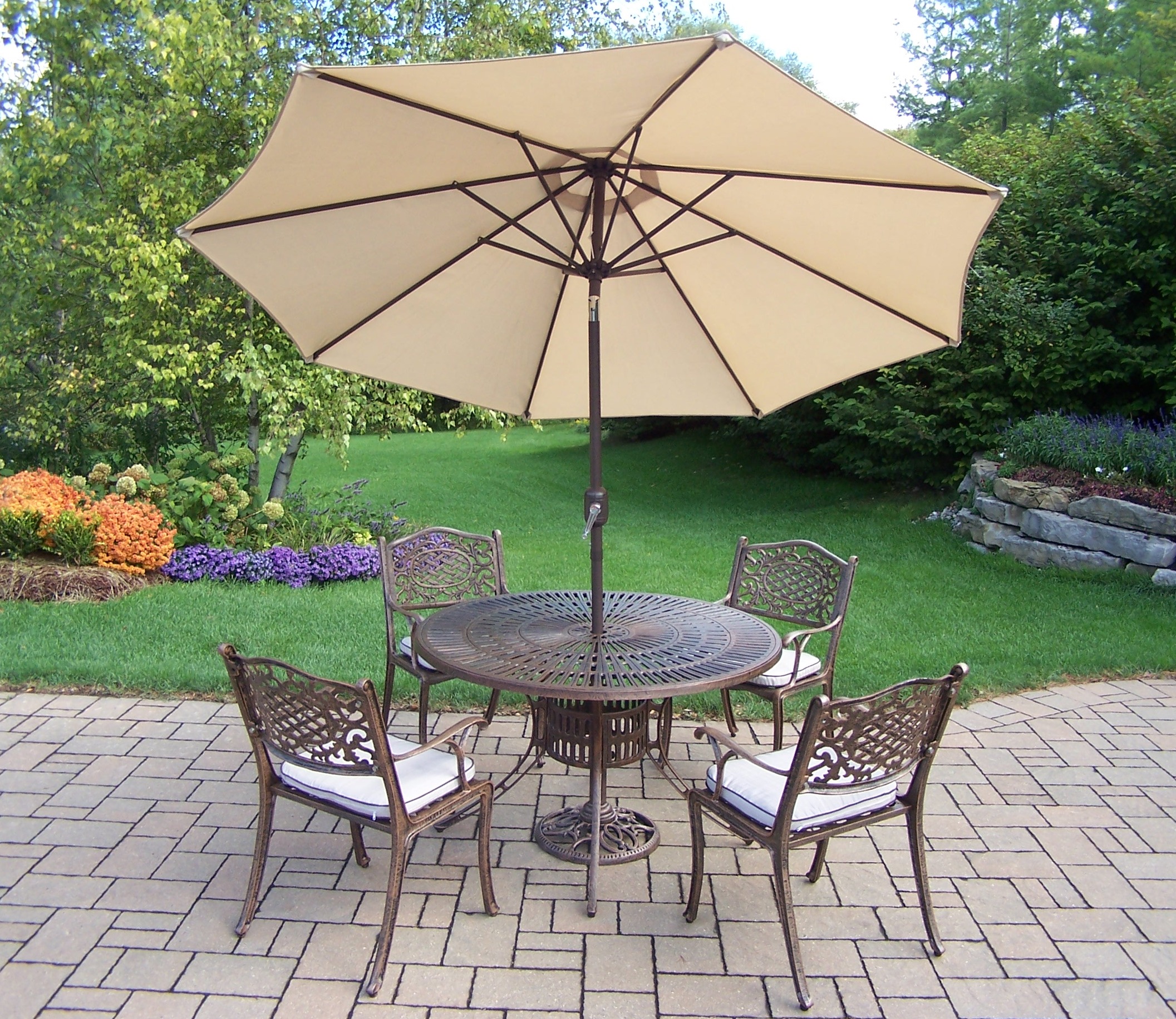 Oakland Living Cast Aluminum 7 Pc. Patio Dining set w/ Table, Cushioned Chairs, Umbrella and Stand