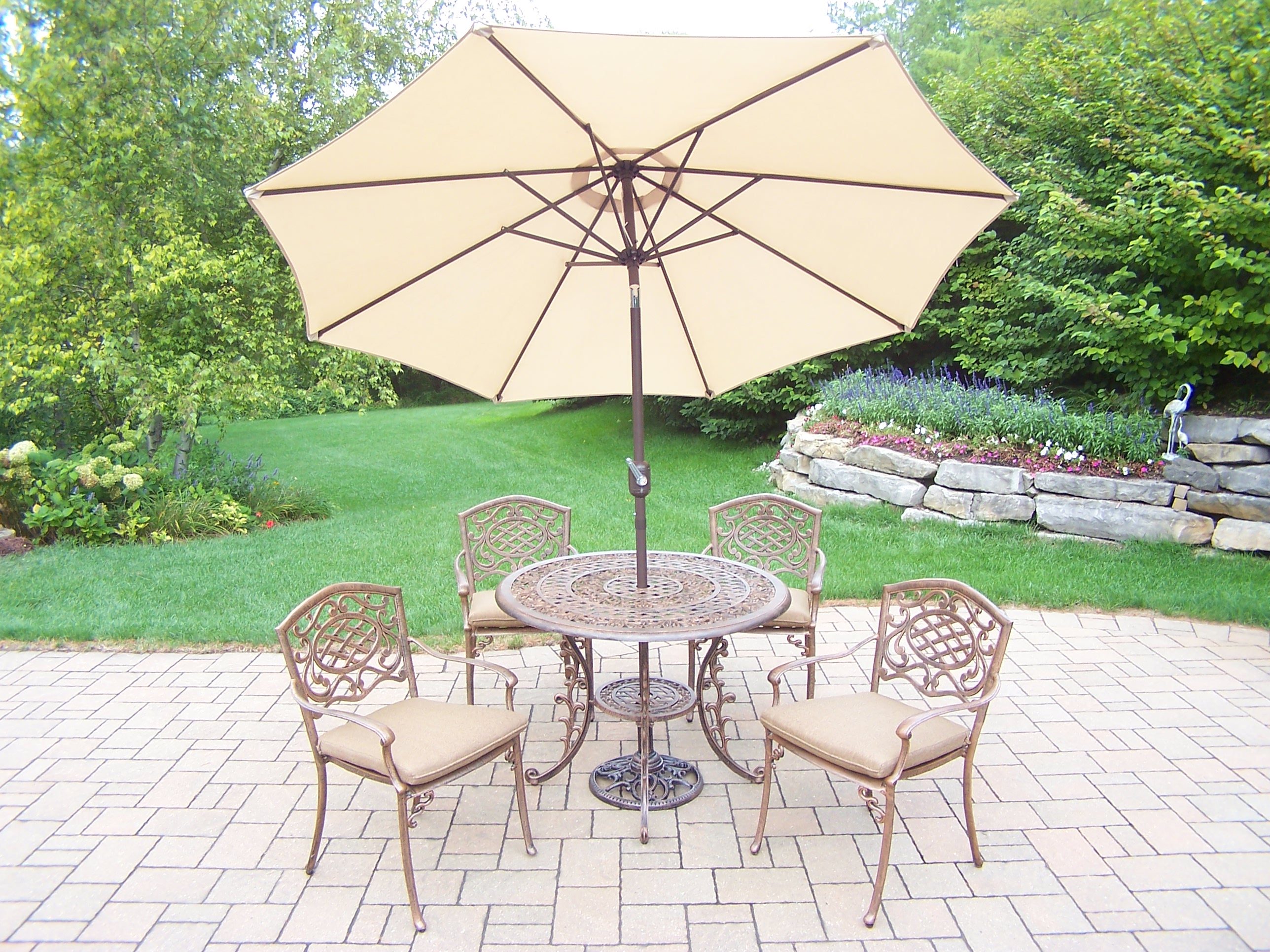 Oakland Living Cast Aluminum Patio Dining set w/ 42" Round Table, Cushioned Stackable Chairs, Umbrella, & Stand