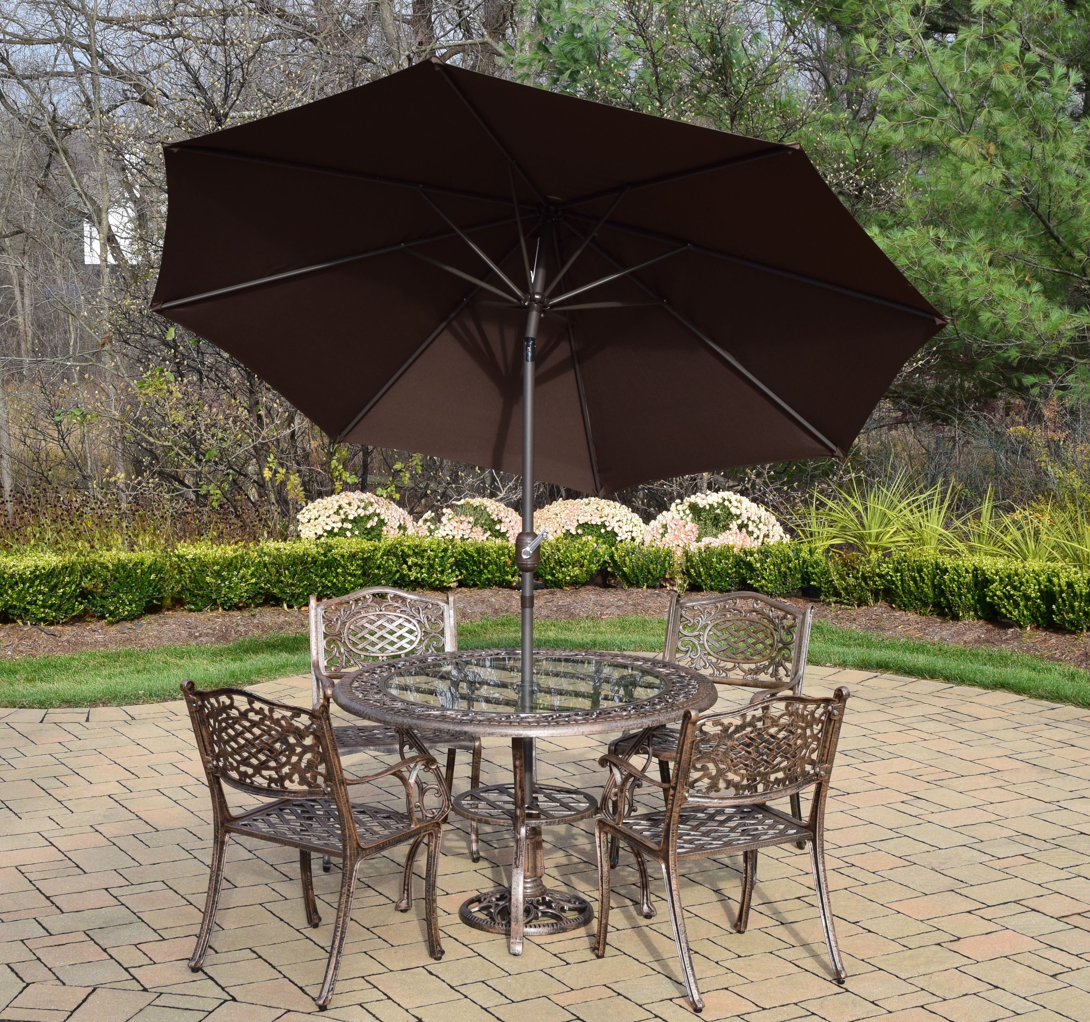 Oakland Living Cast Aluminum Patio Dining set w/ 48" tempered glass top Table, Arm Chairs, Umbrella, and Stand