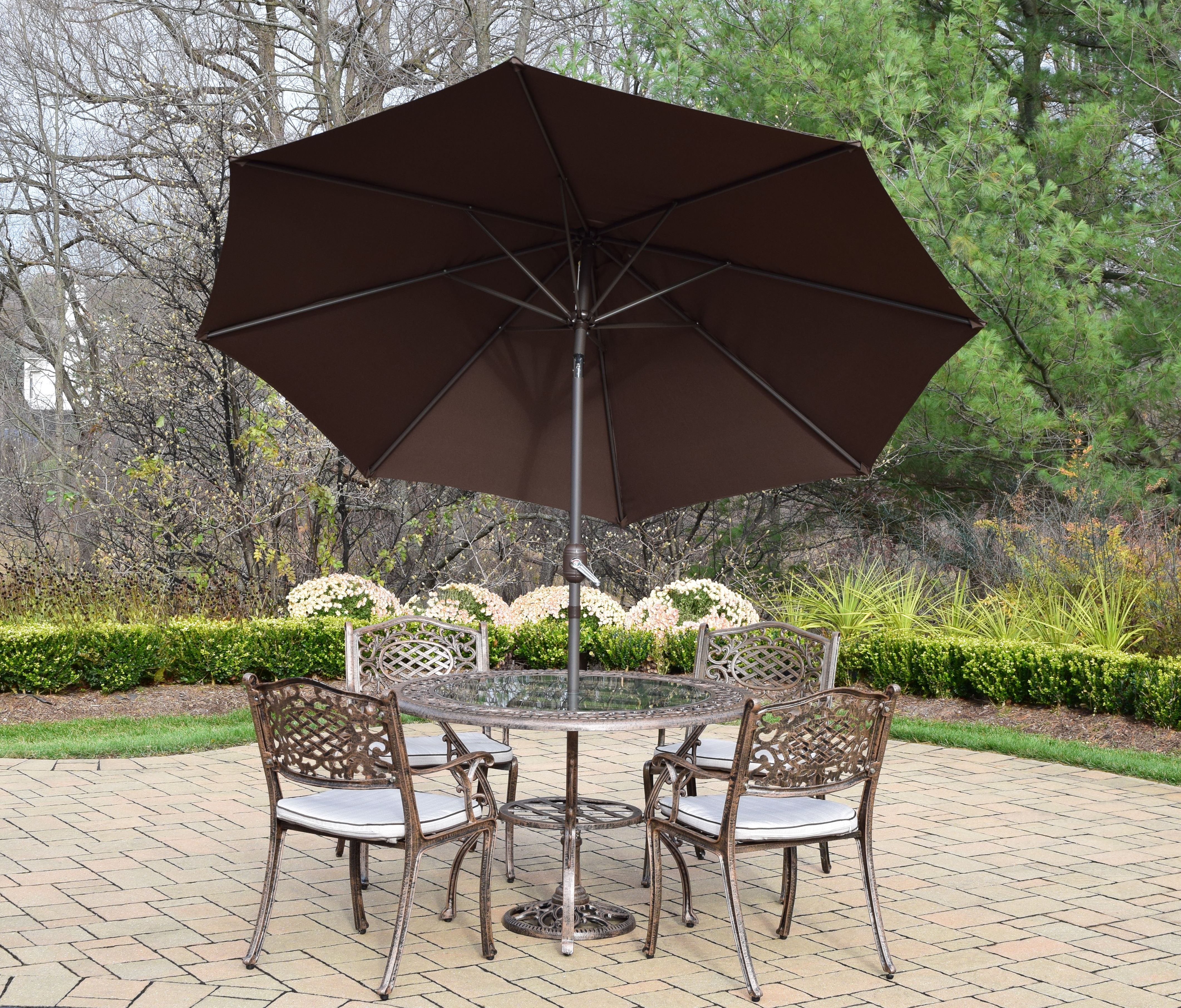 Oakland Living Cast Aluminum Patio Dining set w/ 48" Round Table, Cushioned Arm Chairs, Umbrella, and Stand