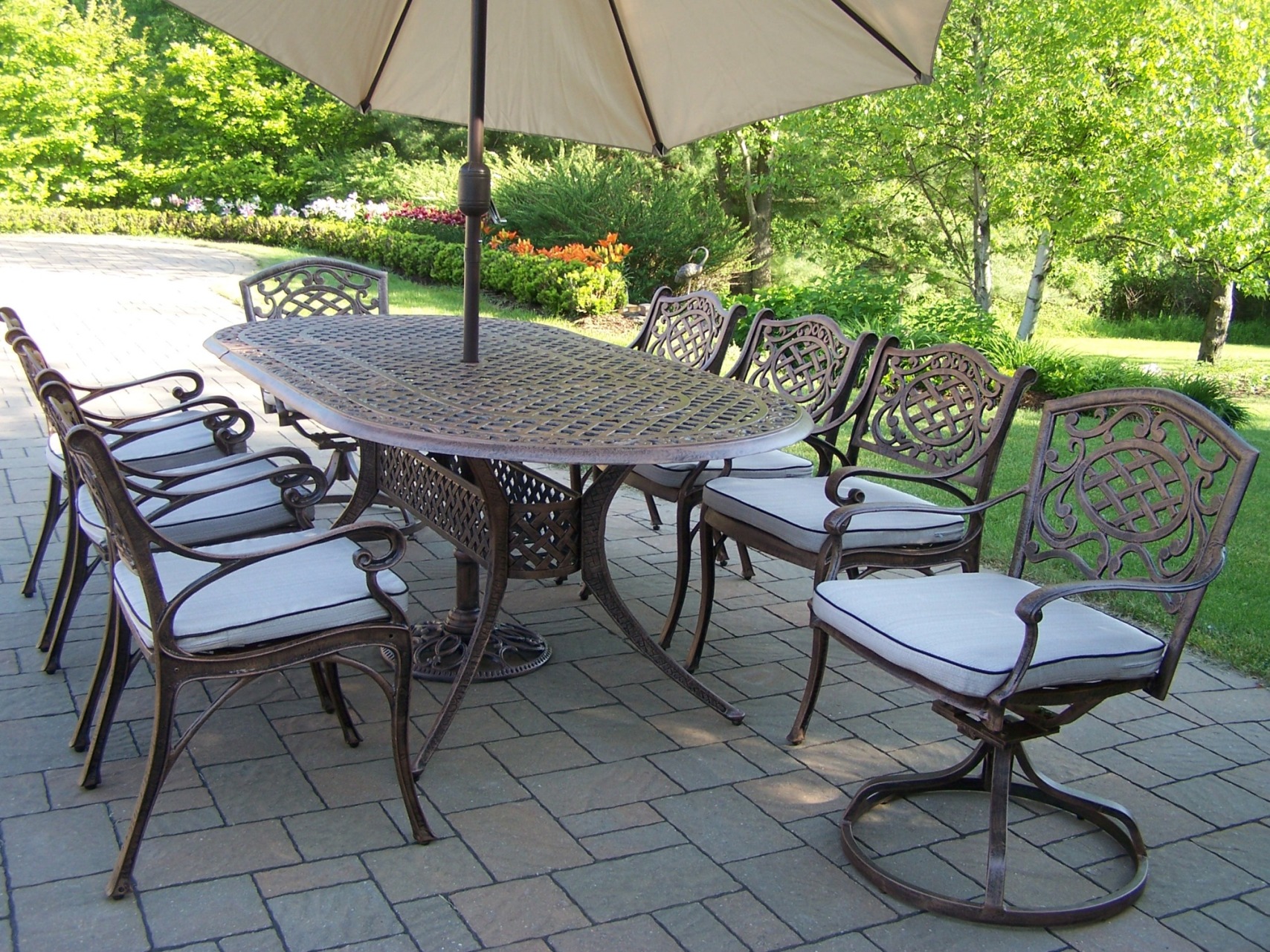 Oakland Living Cast Aluminum Patio Dining set 84 x 42" Oval Table,Cushioned Arm Chairs & Swivel Rockers, Umbrella w/ Stand