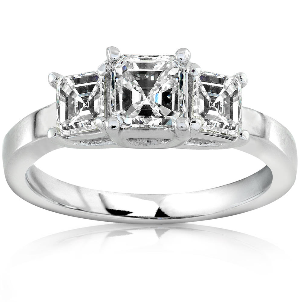 Kobelli 1 Carat (ct.tw) Asscher Diamond 3-Stone Engagement Ring in 14k White Gold