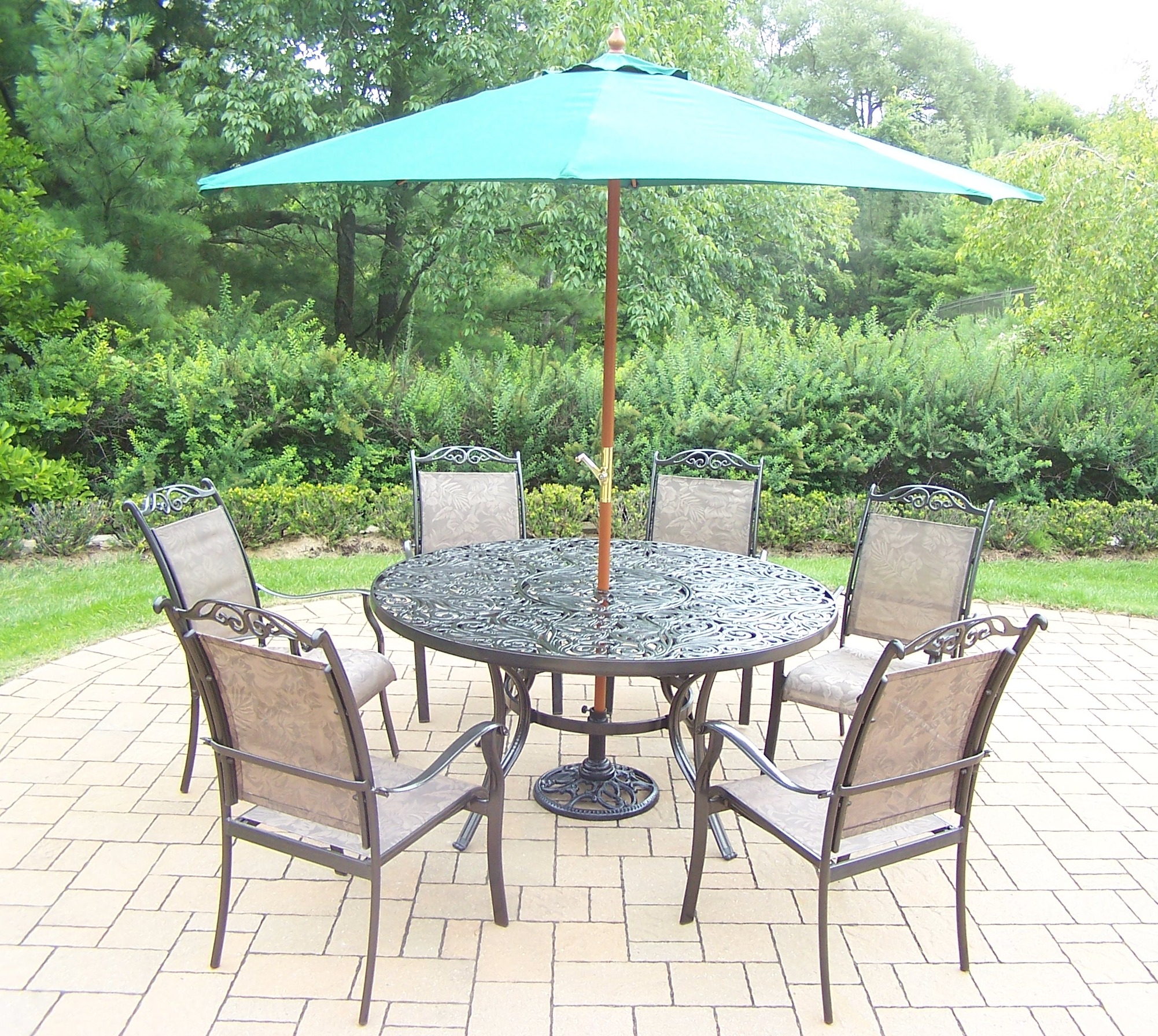Oakland Living Aluminum Patio Dining set w/60" Interchangeable Table, Stackable Chairs, Wooden Umbrella & Stand
