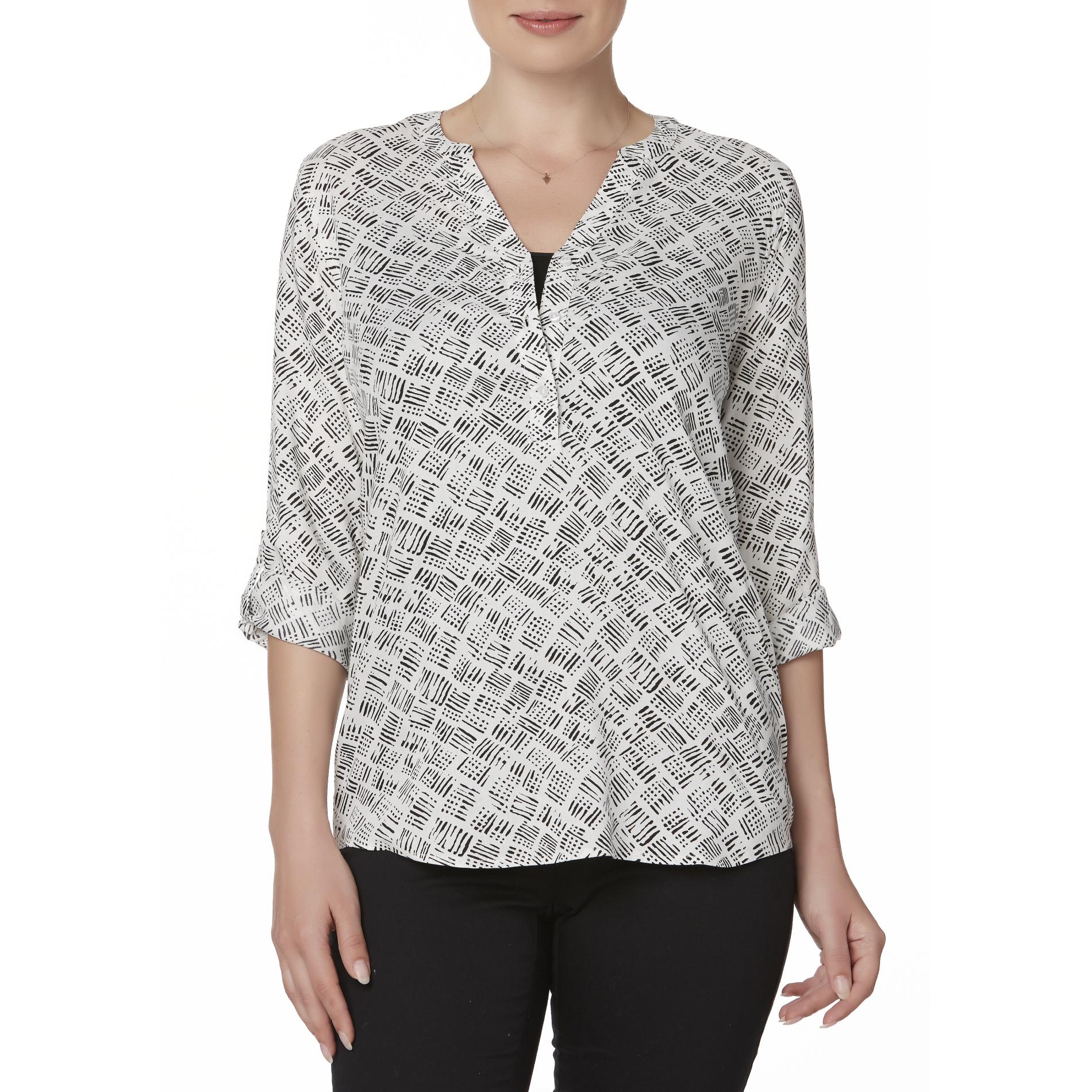 Basic Editions Women's Henley Blouse - Abstract