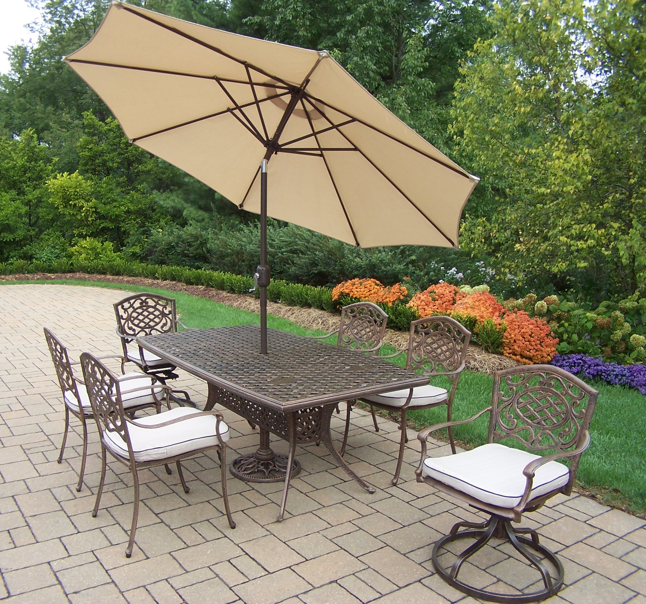 Oakland Living Cast Aluminum Patio Dining Set 70x38" Table,Cushioned Swivel Rockers & stackable Chairs, Umbrella w/ Metal Stand