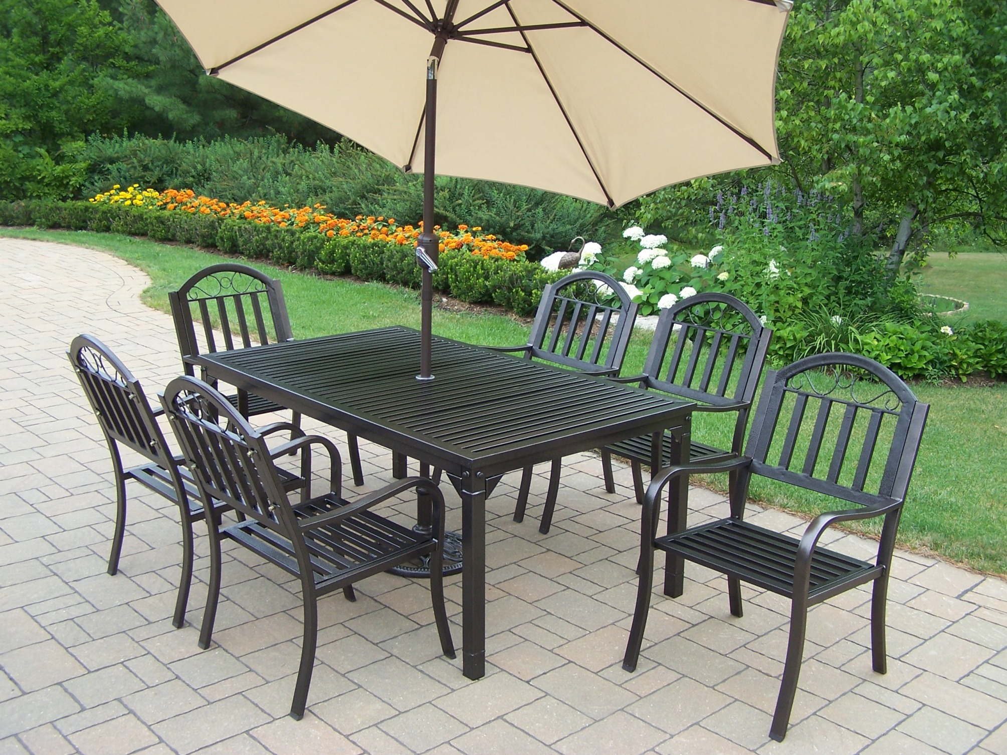 Oakland Living 9 Pc. Patio Dining Set w/ 67x40" rectangular Table, Chairs, Umbrella and Stand