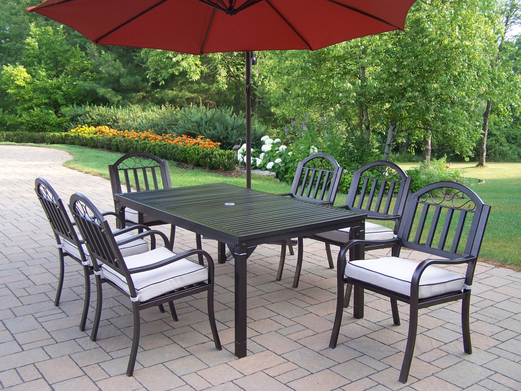 Oakland Living 8 Pc. Patio Dining Set w/ 67x40" rectangular Table, Cushioned Chairs, Cantilever Umbrella & Base