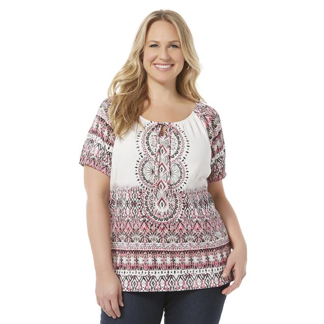 Basic Editions Women's Plus Gauze Peasant Top Tribal Stripes