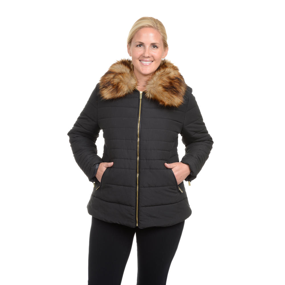 Excelled Women's Plus Polyester Puffer with Zip Pockets and Faux Fur Collar
