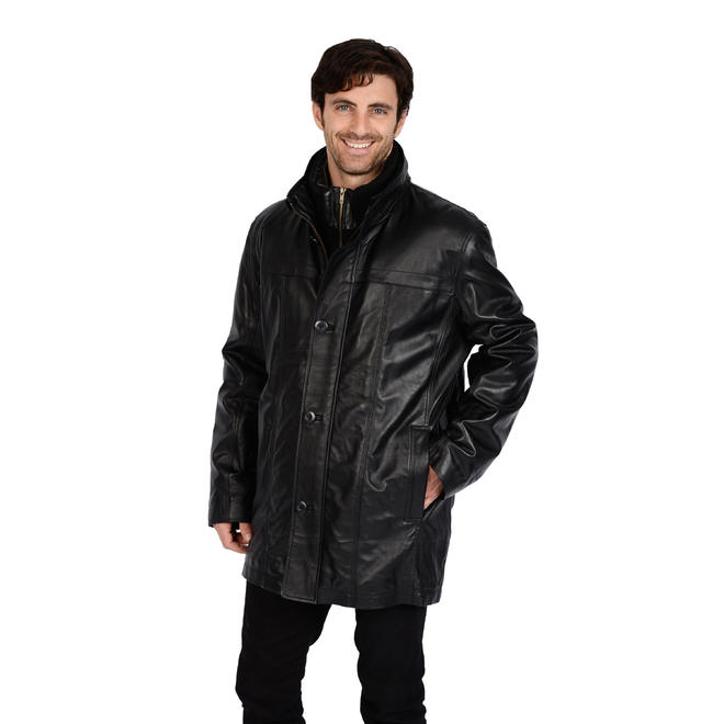 Excelled Men's Big and Tall Leather Car Coat with Removable Faux Fur Bib