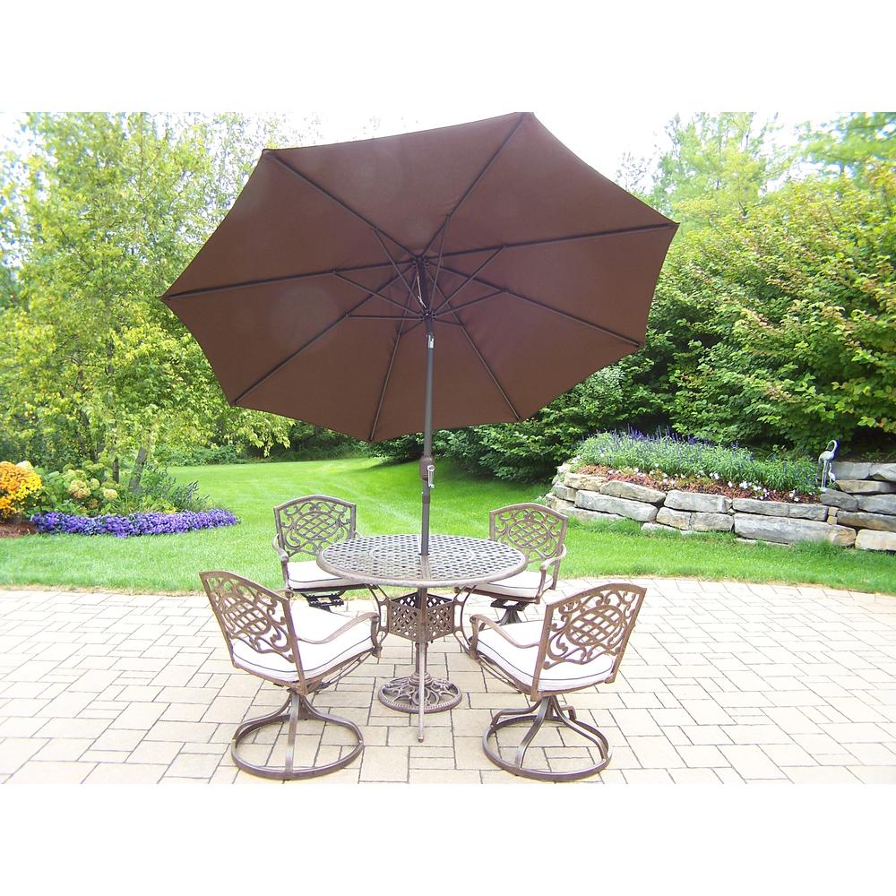 Oakland Living Aluminum 7 Pc. Patio Dining set w/ Cushions, Swivels, Table and Umbrella w/ Metal Stand