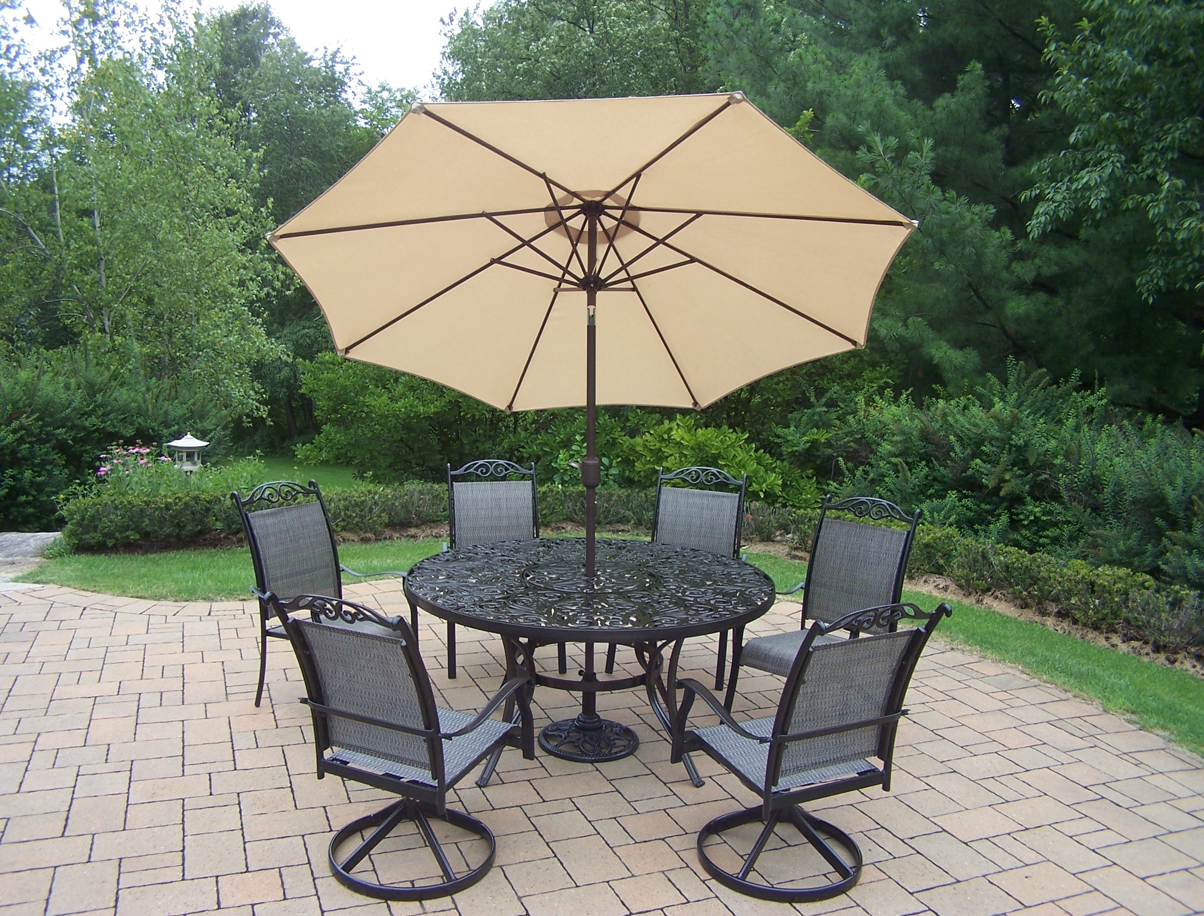 Oakland Living Aluminum Patio Dining set w/ 60" Interchangeable Round Table, Swivel Rockers, Umbrella & Stand