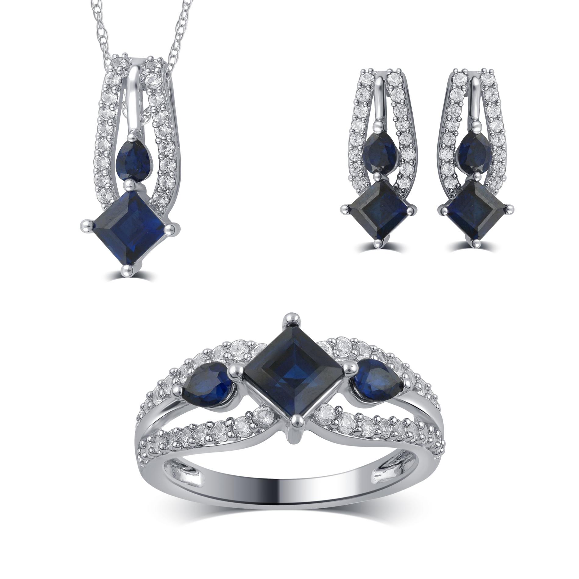 3 Piece Rhodium over Brass Sapphire Two Stone Earring, Pendant and Ring Set