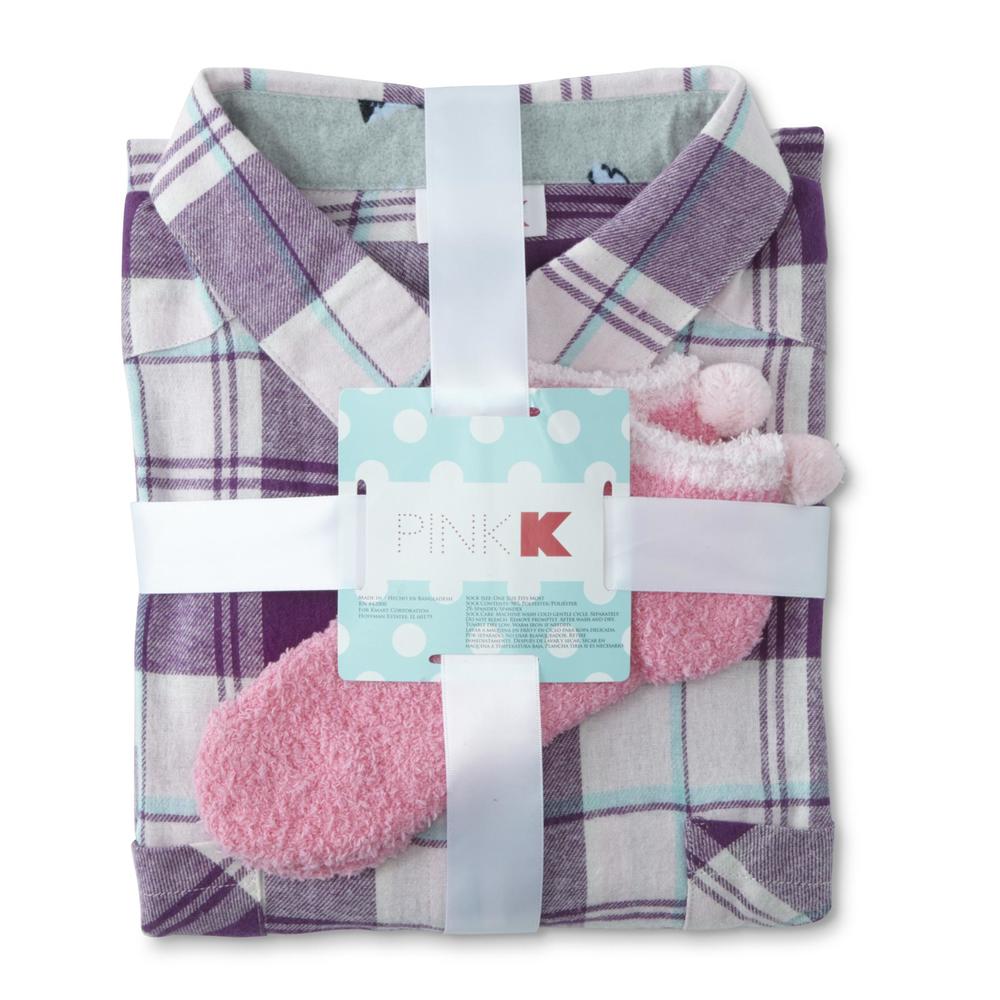 Pink K Women's Sleep Shirt & Slipper Socks - Plaid