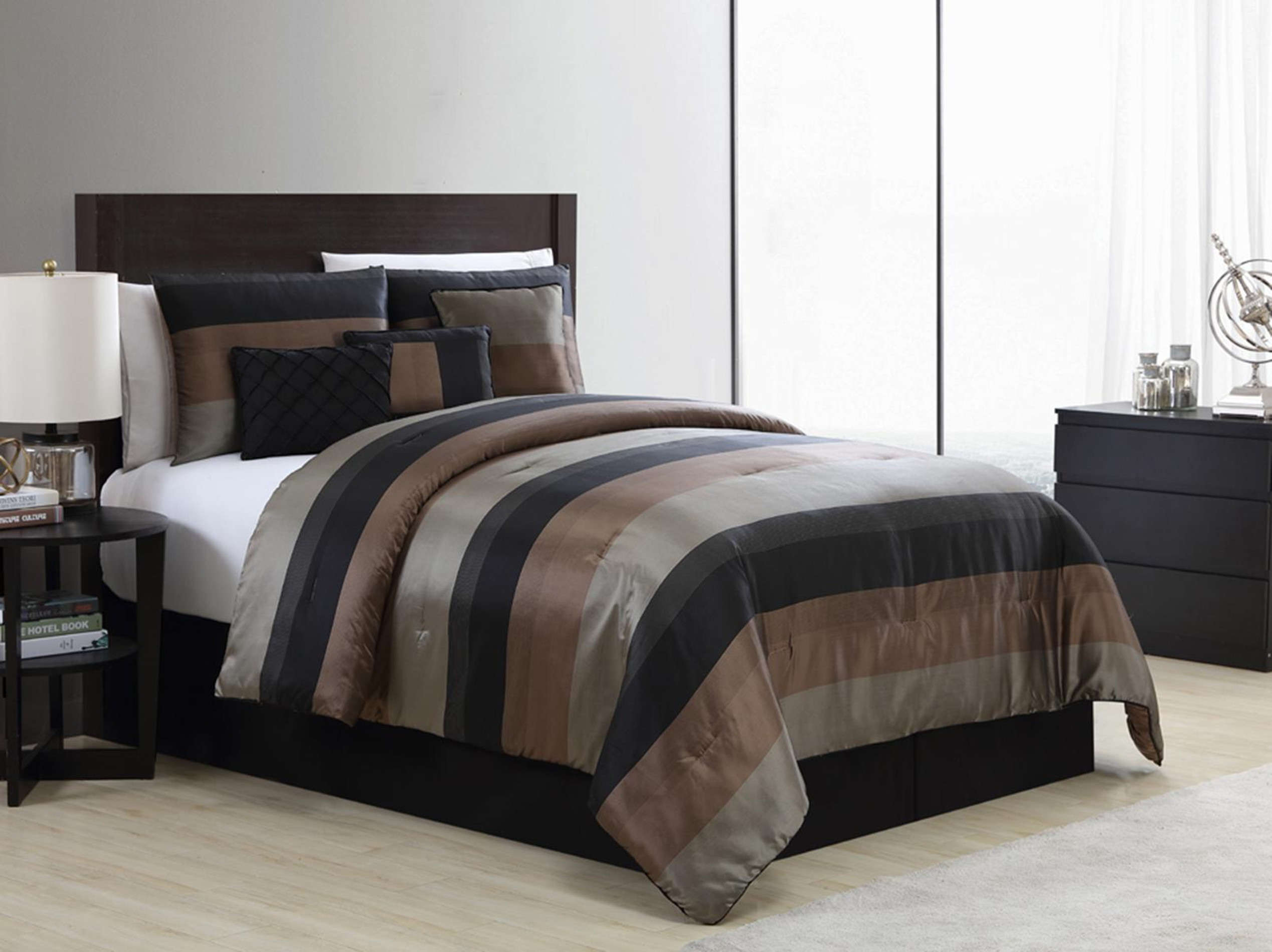 Essential Home Striped Comforter Set – Black and Taupe, Size: King Essential Home Striped Comforter Set – Black and Taupe, Size: King