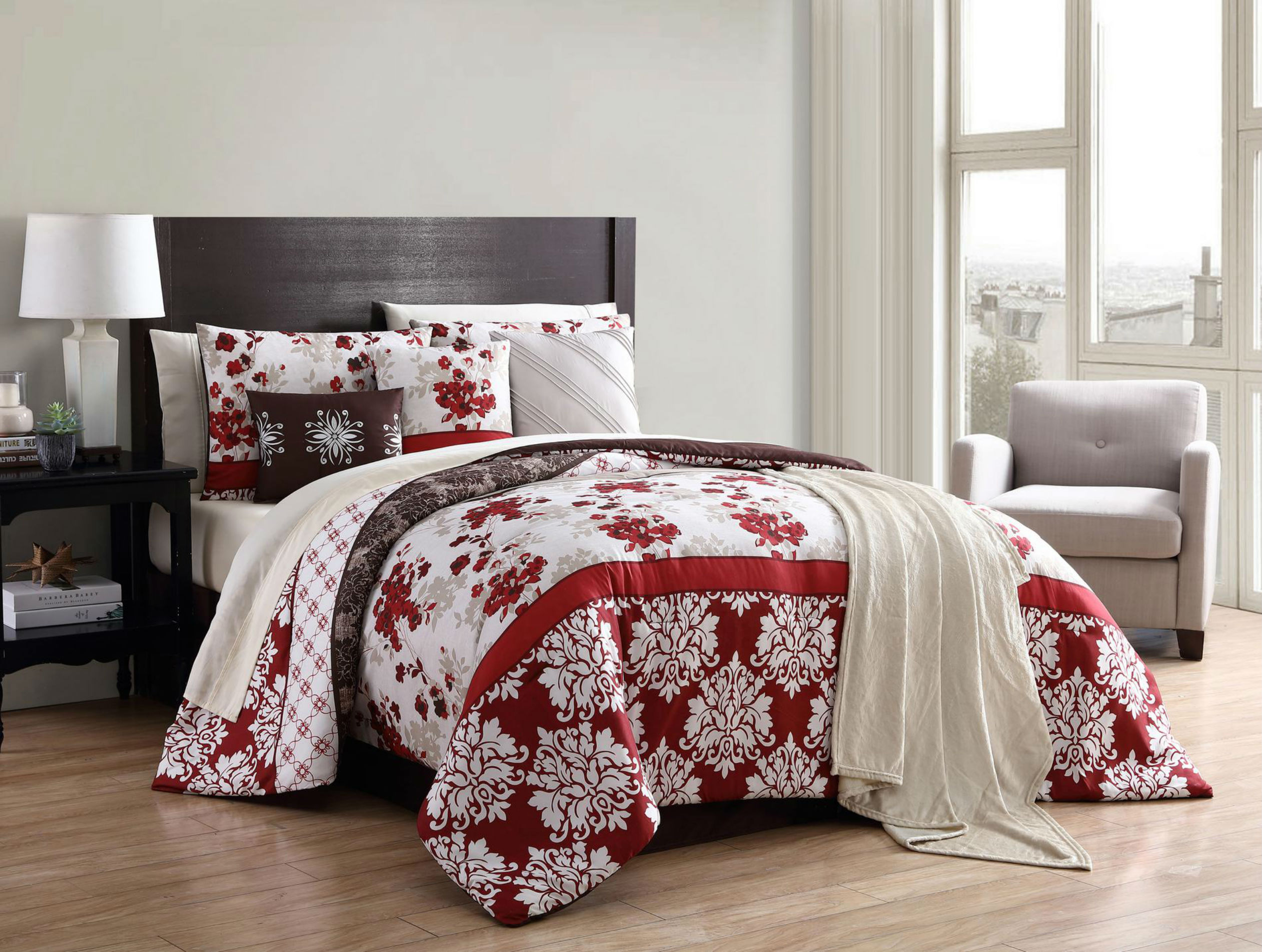 Essential Home 12pc Comforter Set Red And Taupe Floral