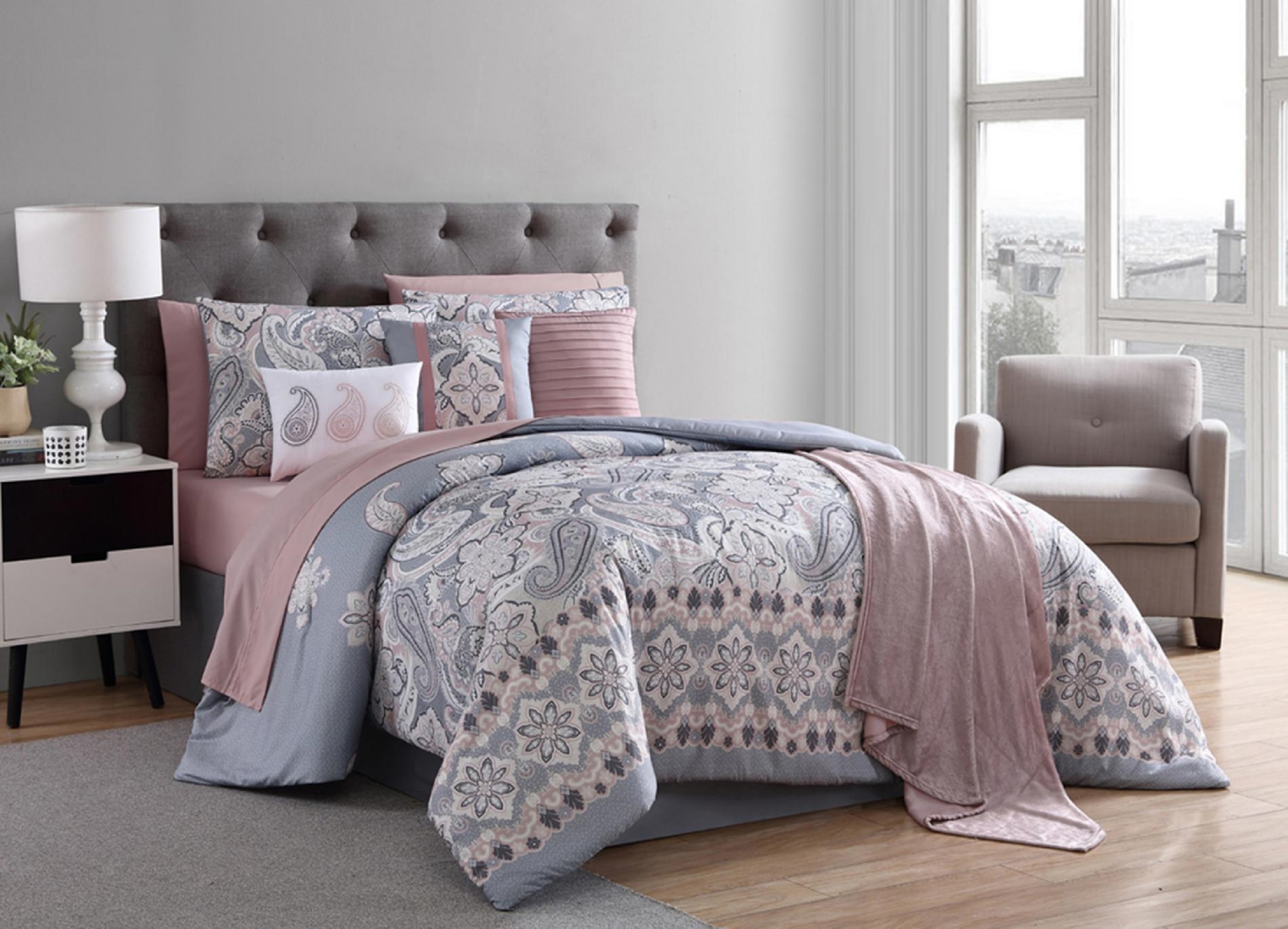 Essential Home 12pc Comforter Set Gray And Blush Paisley