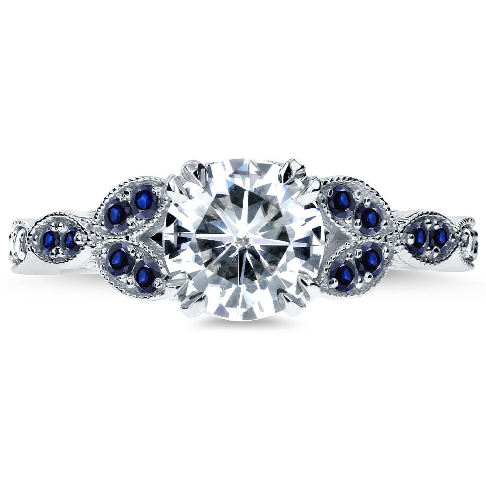 Kobelli 1-1/5 Carat (ct.tw) Antique Moissanite and Blue Sapphire Engagement Ring with Diamond Accents 14k White Gold