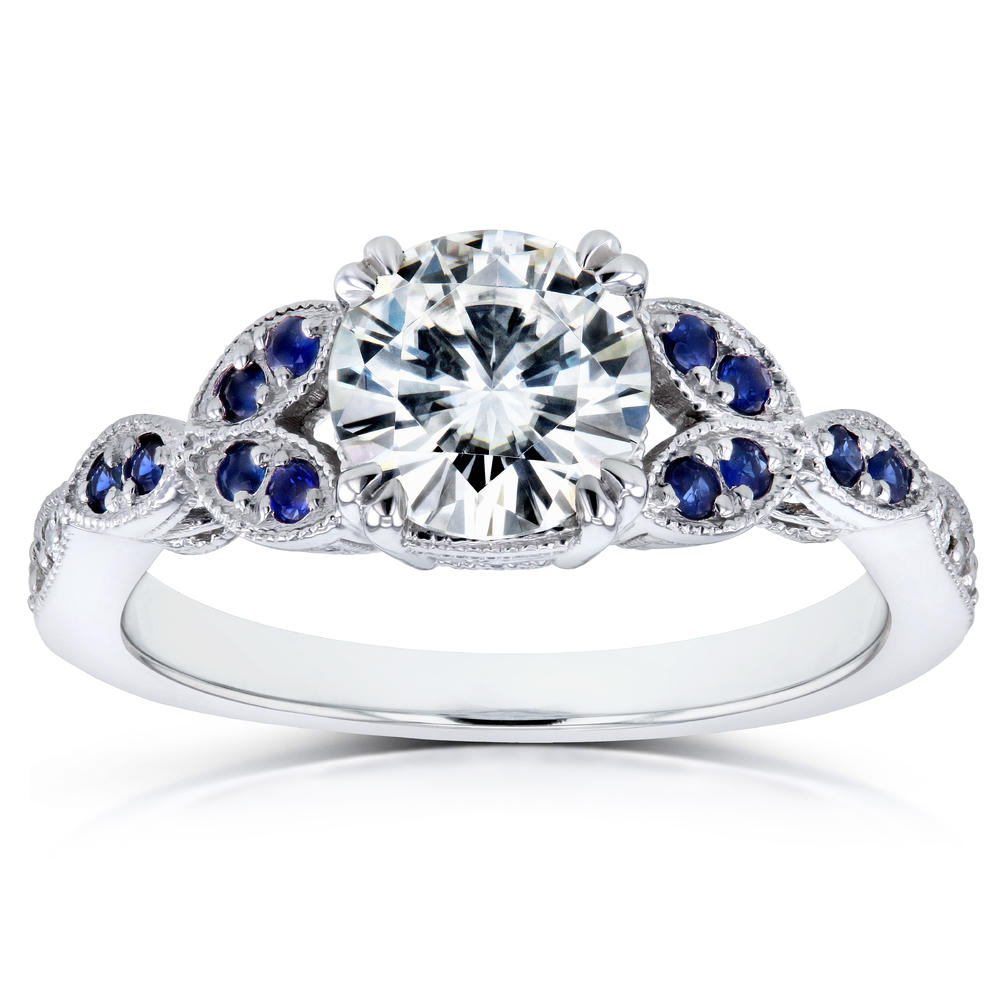 Kobelli 1-1/5 Carat (ct.tw) Antique Moissanite and Blue Sapphire Engagement Ring with Diamond Accents 14k White Gold
