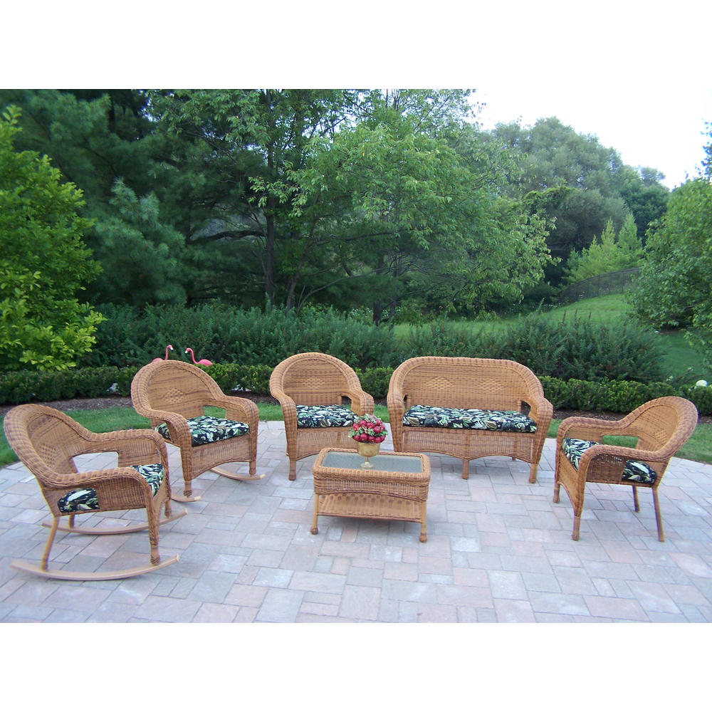Oakland Living Resin Wicker 6 Pc. Seating Set with Cushioned Loveseat, 2 Chairs, 2 Rockers, and Coffee table