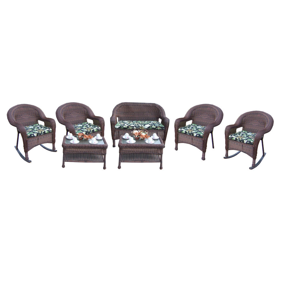 Oakland Living Resin Wicker 7 Pc. Seating Set with Cushioned Loveseat, 2 Chairs, 2 Rockers, and 2 Coffee tables