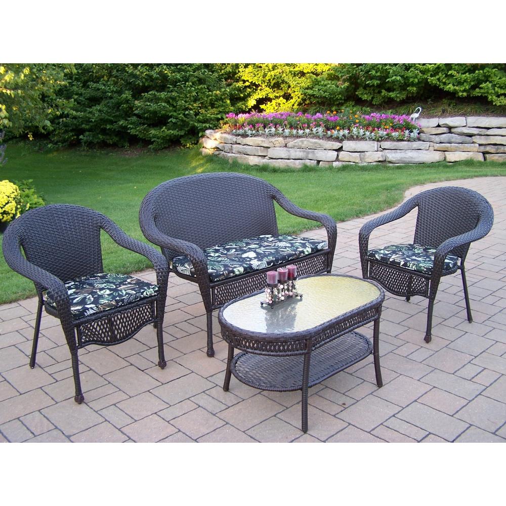 Oakland Living Resin Wicker 4 Pc. Seating Set with Cushioned Loveseat, 2 Cushioned Stackable Chairs, and 37.5 x 20-inch Coffee Table