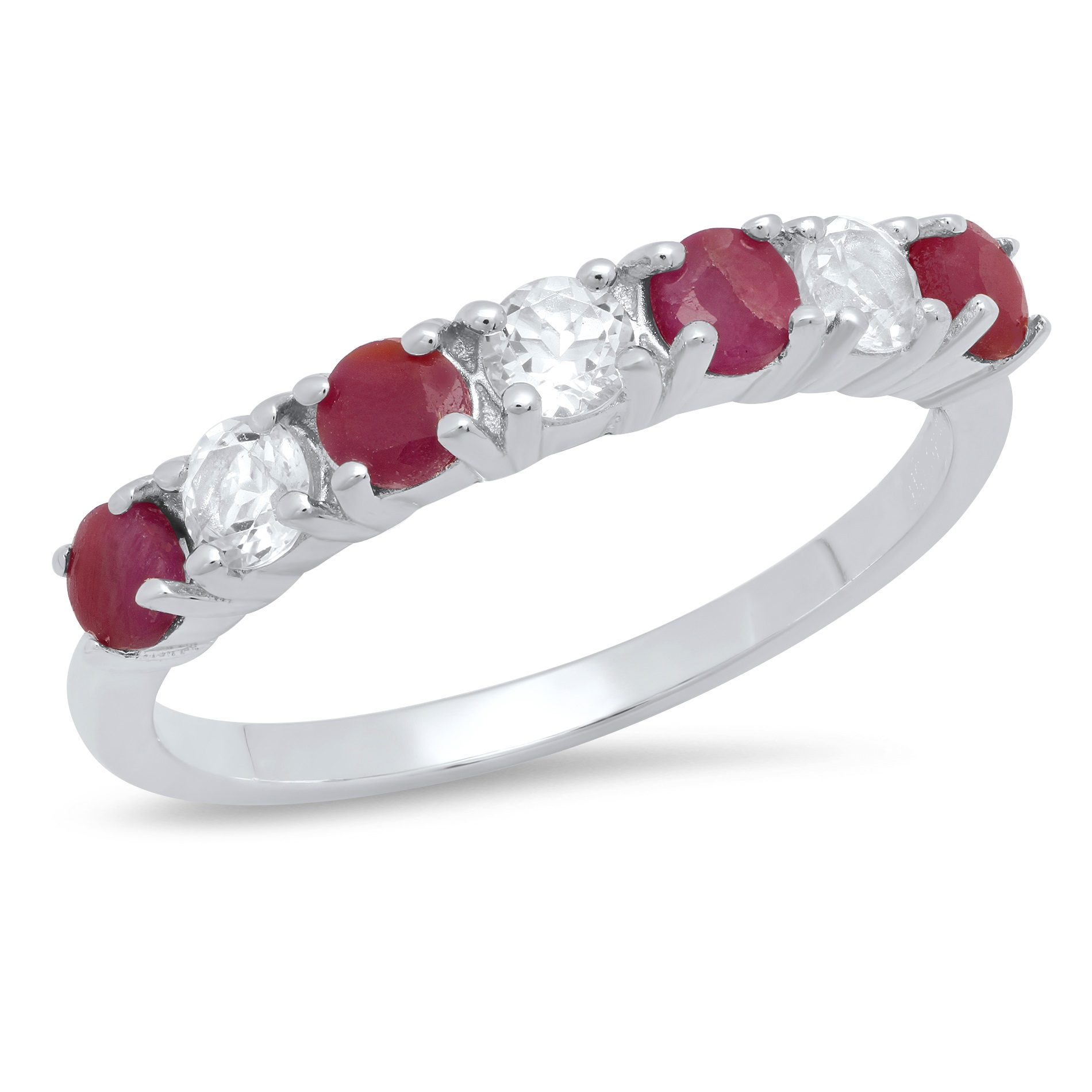 Genuine Ruby and White Topaz 7 Stone Ring in Sterling Silver