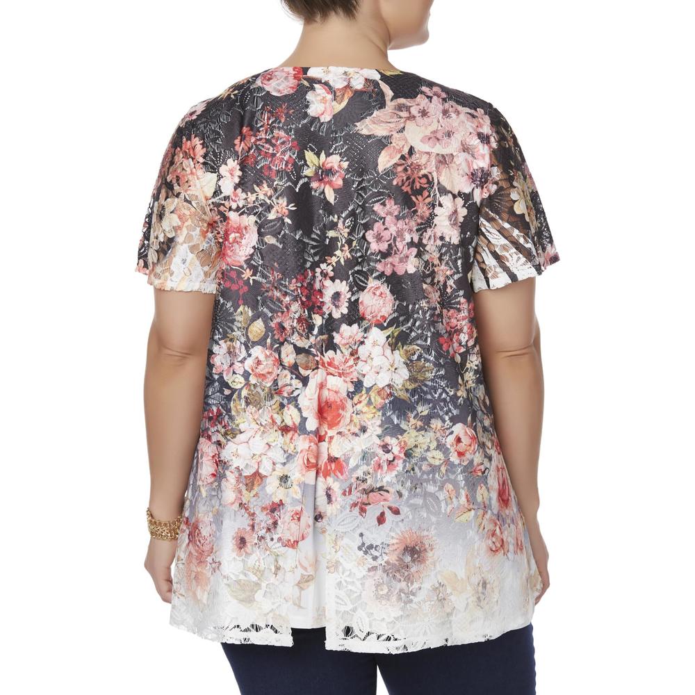 Simply Emma Women's Plus Shirt & Pendant Necklace - Floral