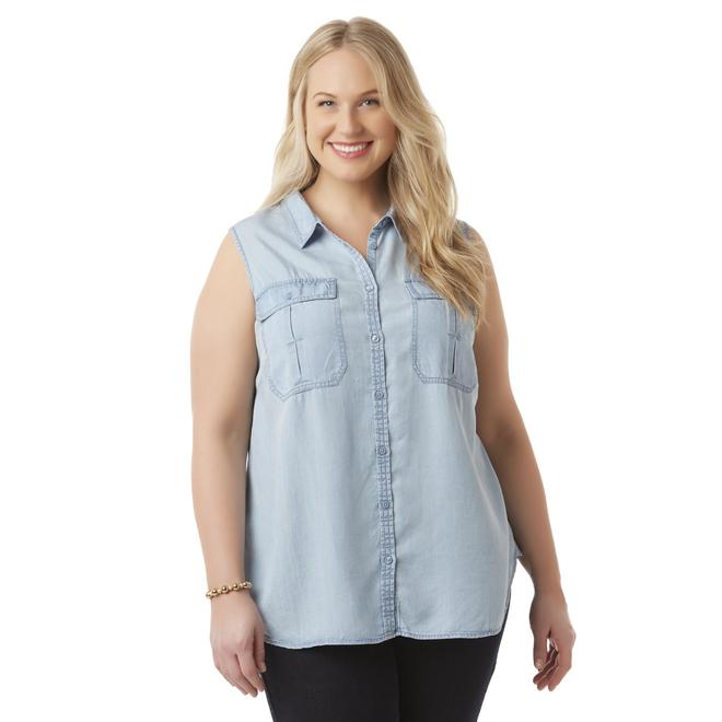 Simply Emma Women's Plus Sleeveless Chambray Top