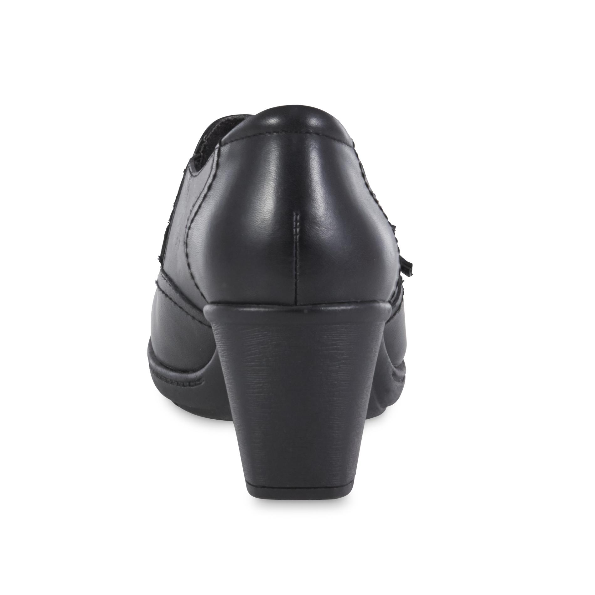 black leather heeled loafers womens