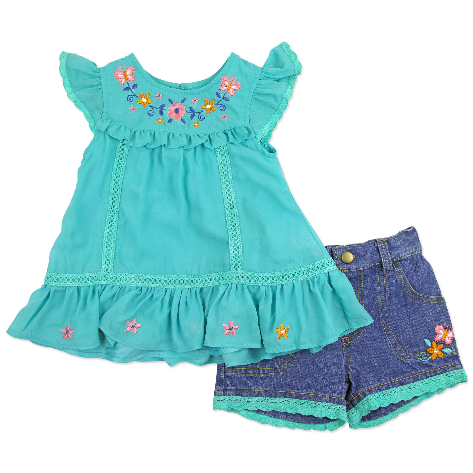 Young Hearts Toddler Girl's Tunic & Denim Shorts - Floral & Butterflies