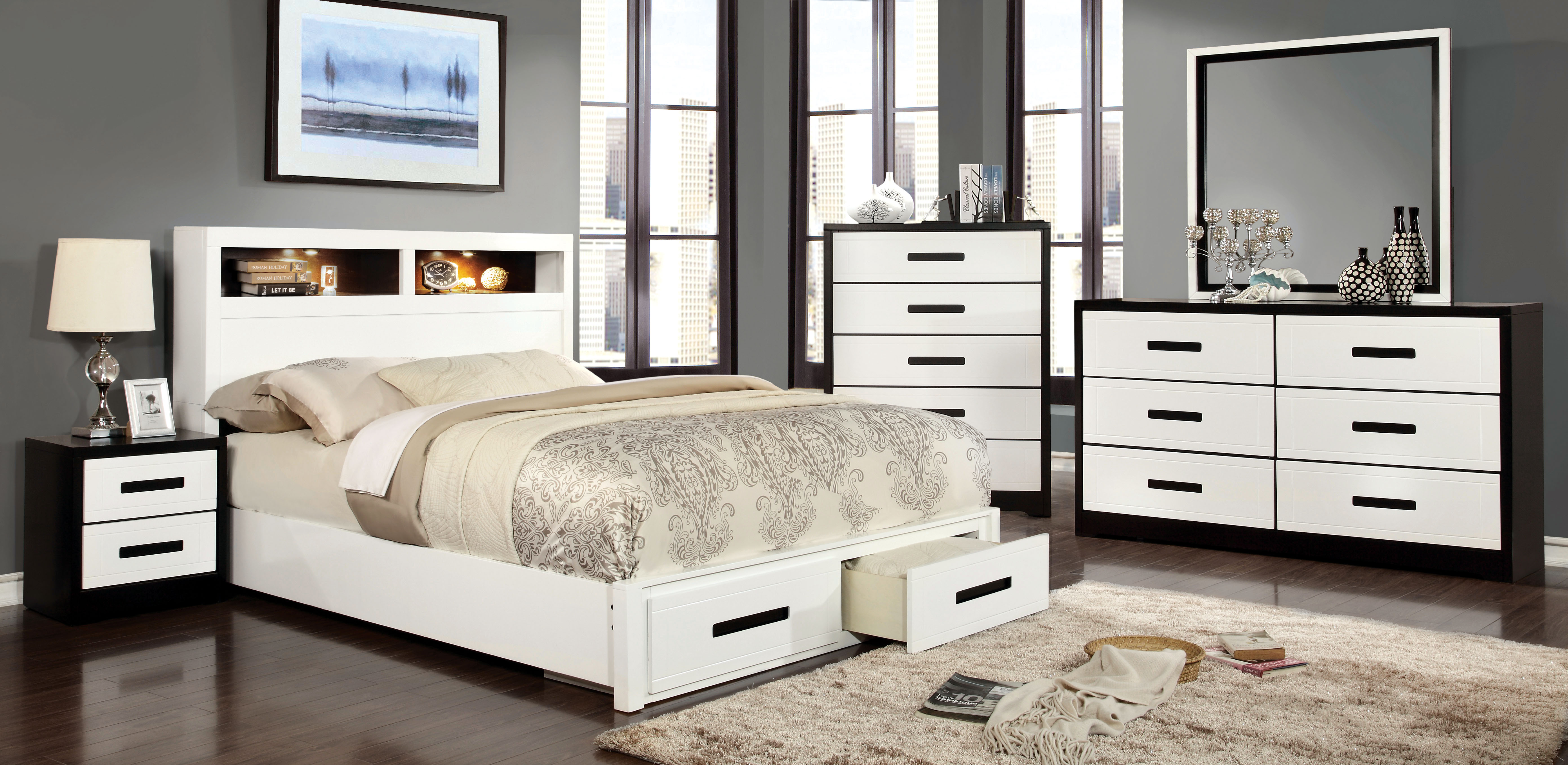 Furniture of America Two-Tone Maxus Storage Bed with Bookshelf Headboard