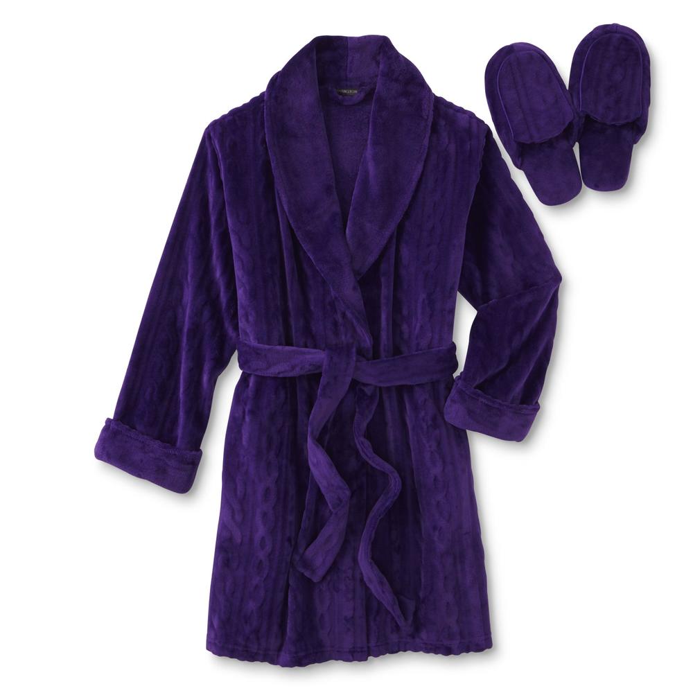 Covington Women's Embossed Short Robe & Slippers - Cable Knit
