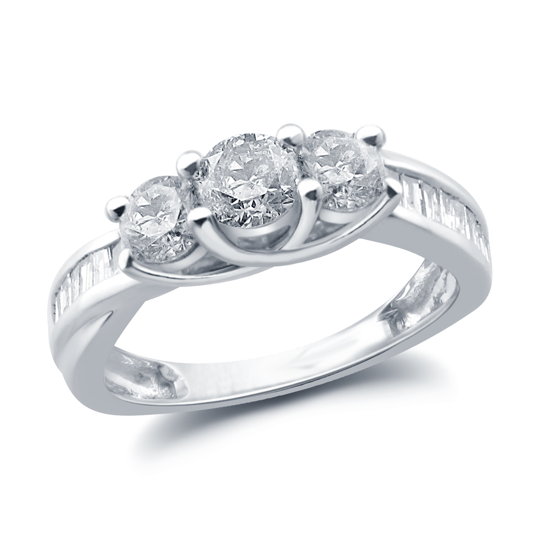 Tradition Diamond 10K White Gold 1 CTTW Certified Diamond Round 3-Stone & Baguette Crossover Channel-set Side Ring