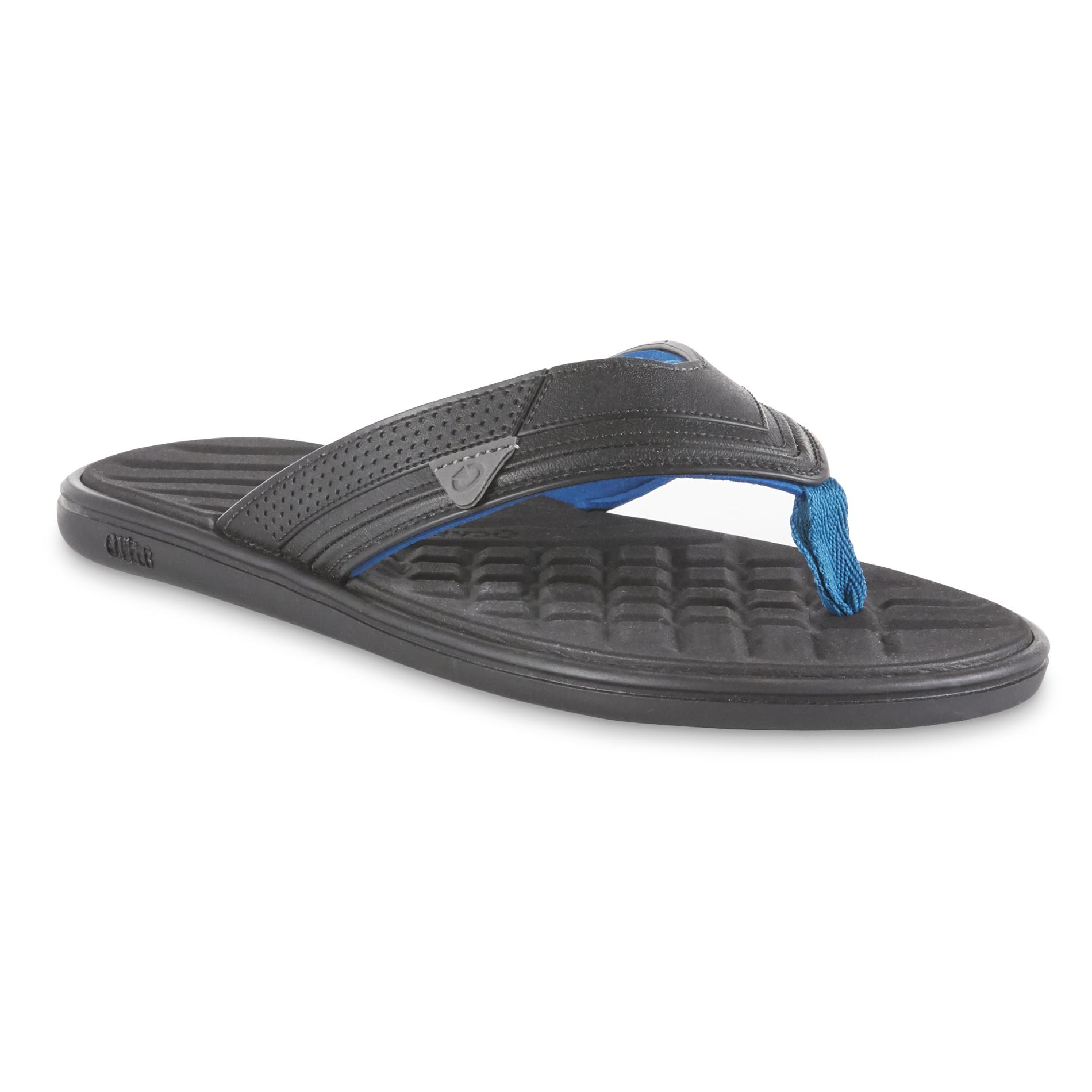 black and blue flip flops