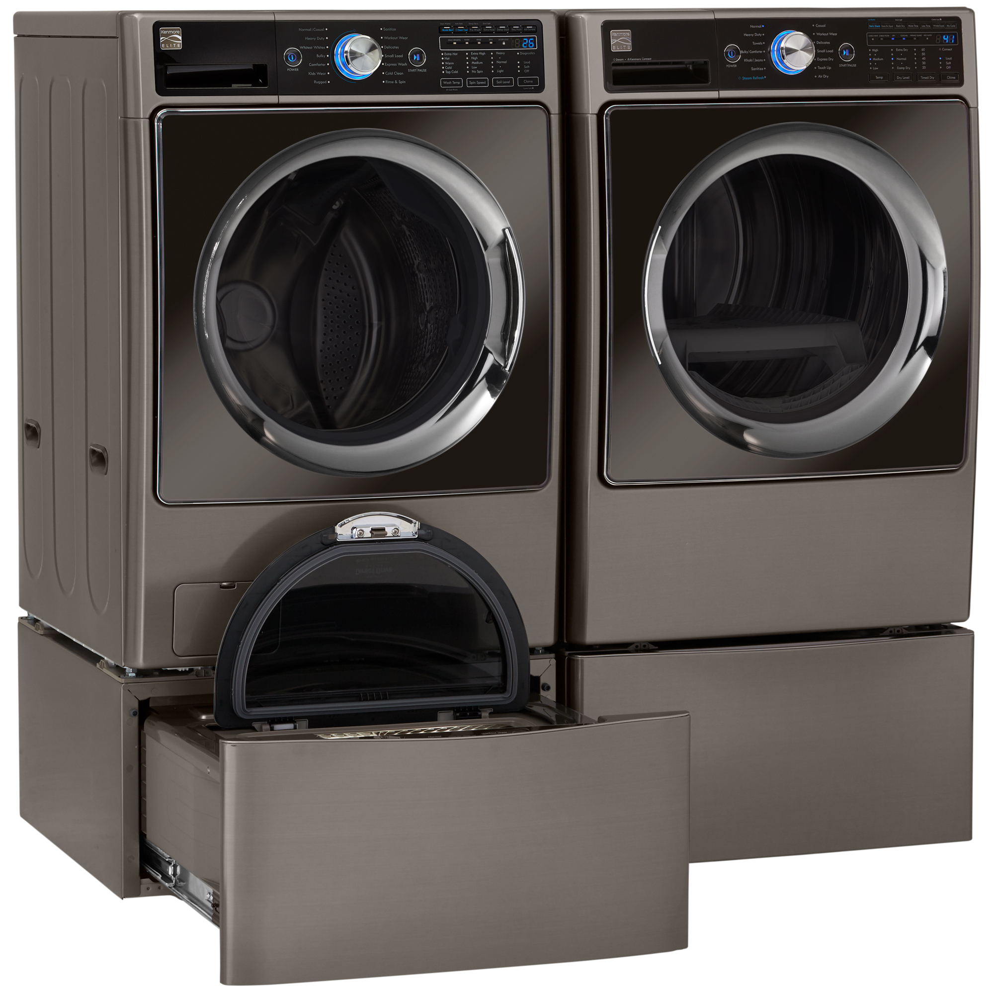 Kenmore Elite Kenmore Elite 41683 Front Load Washer 81783 Electric Or 91783 Gas Dryer Bundle W Pedestal Washer Storage Pedestal 8211 Metallic Appliances Washer And Dryer Sets Washer And Dryer Bundles