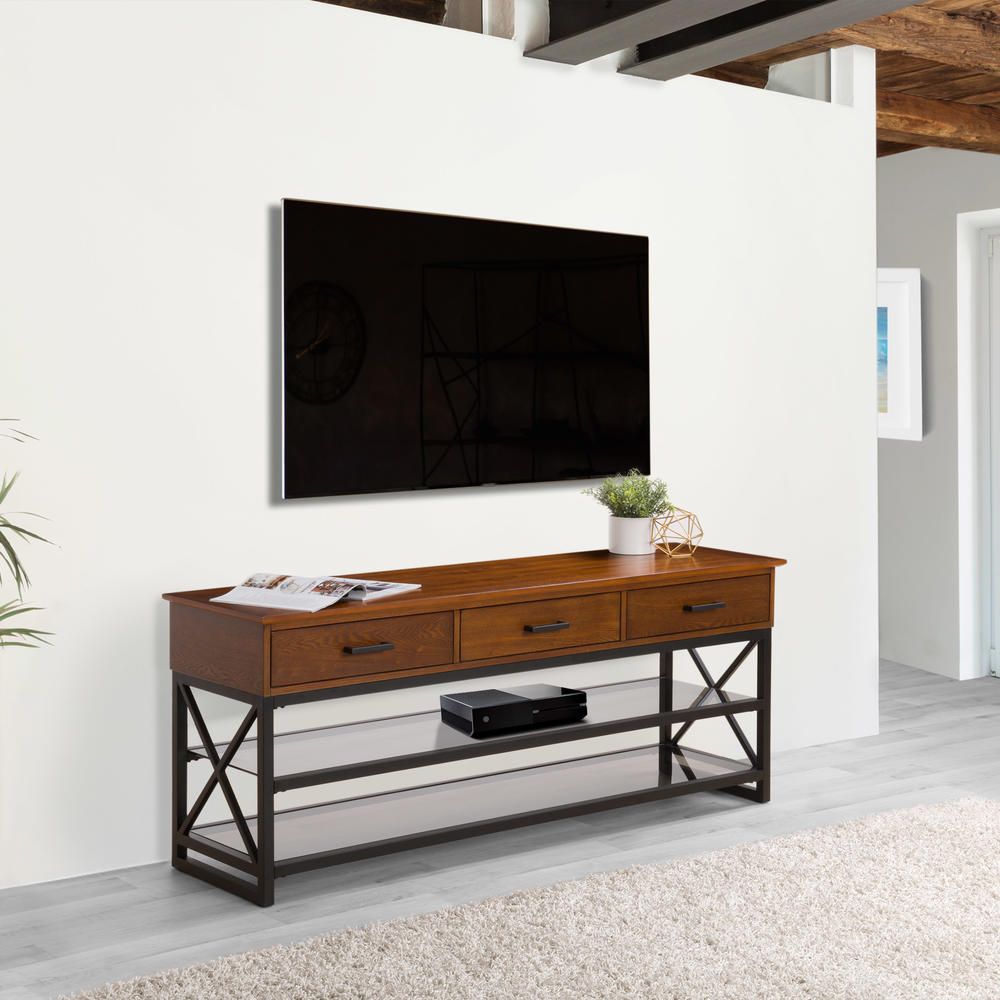 CorLiving  Oak Wood Veneer TV Bench with Glass Shelves for TVs up to 70"