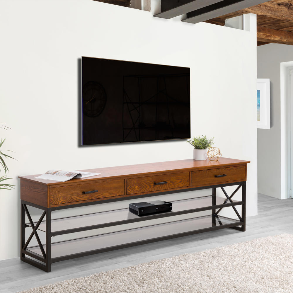 CorLiving  Oak Wood Veneer TV Bench with Glass Shelves for TVs up to 90"