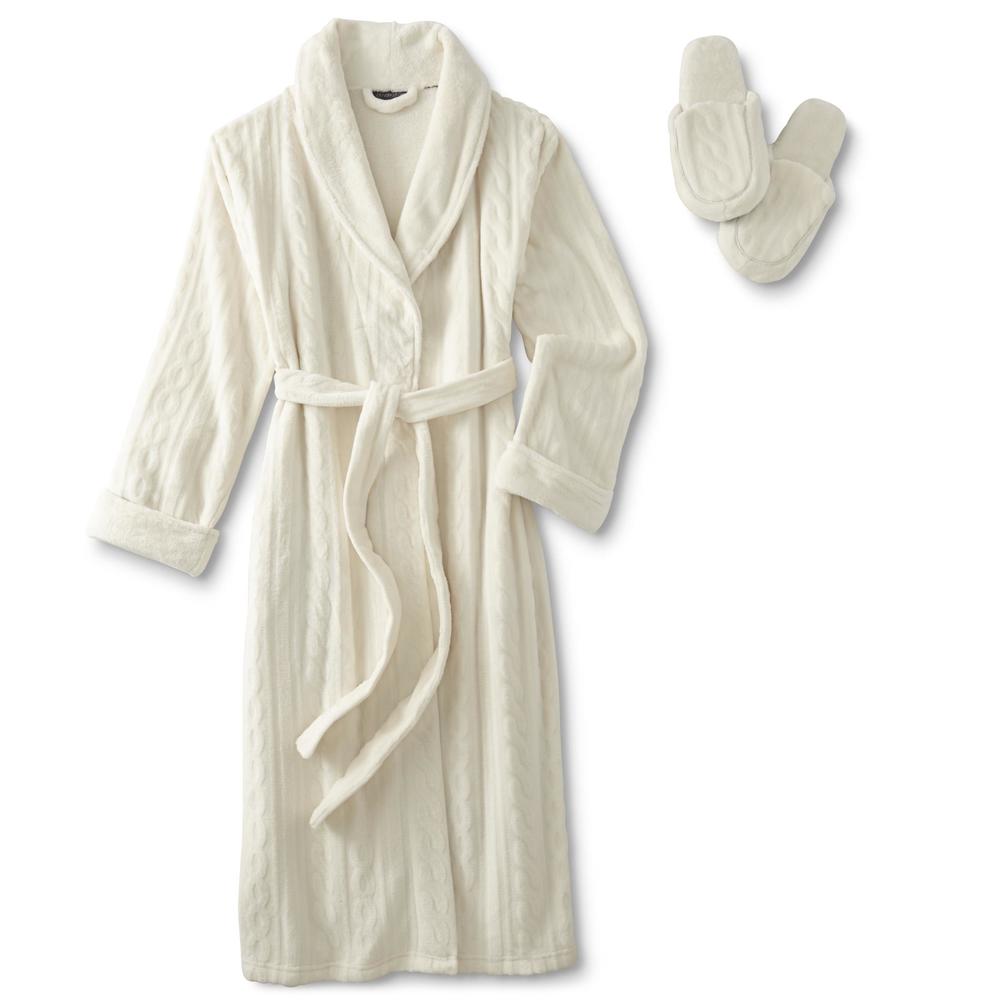Covington Women's Embossed Long Robe & Slippers - Cable Knit