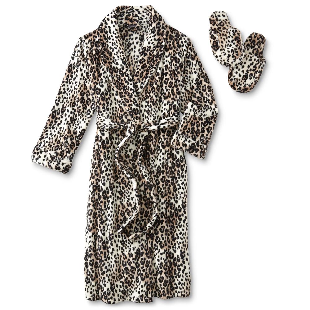 Covington Women's Plush Long Robe & Slippers - Cheetah Print