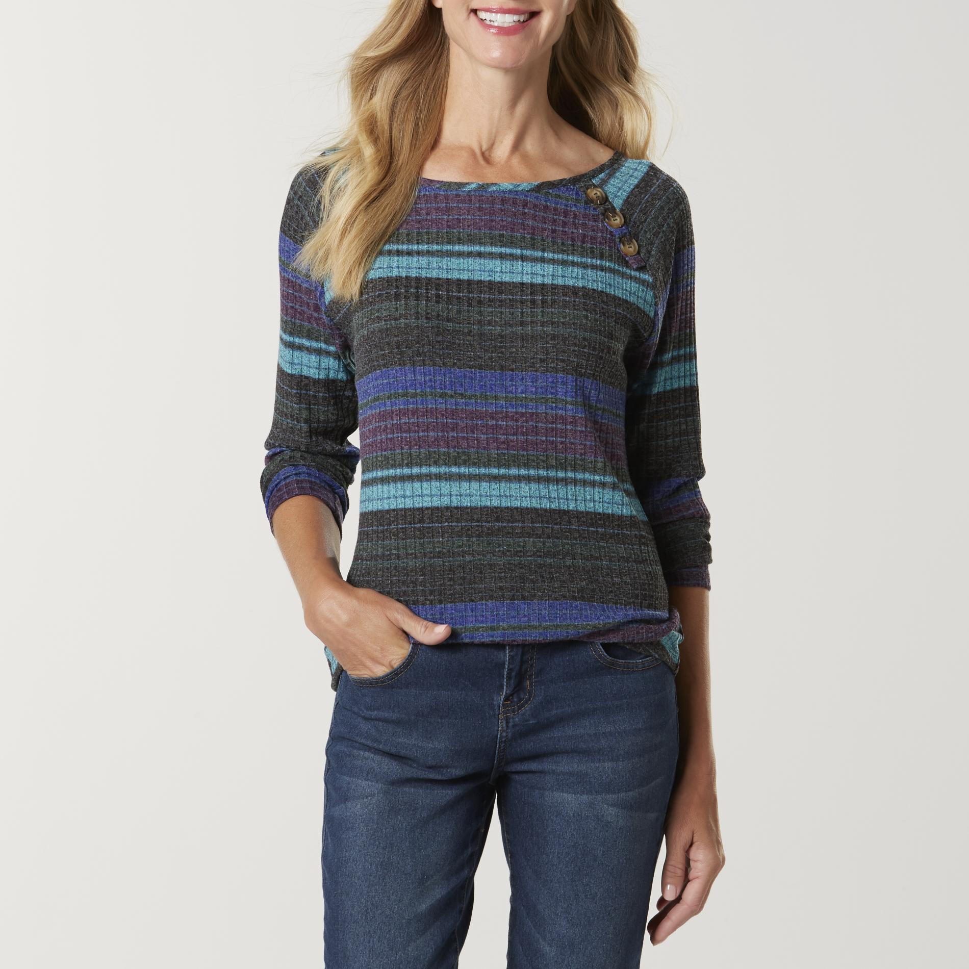 Basic Editions Women's Rib Knit Top - Striped