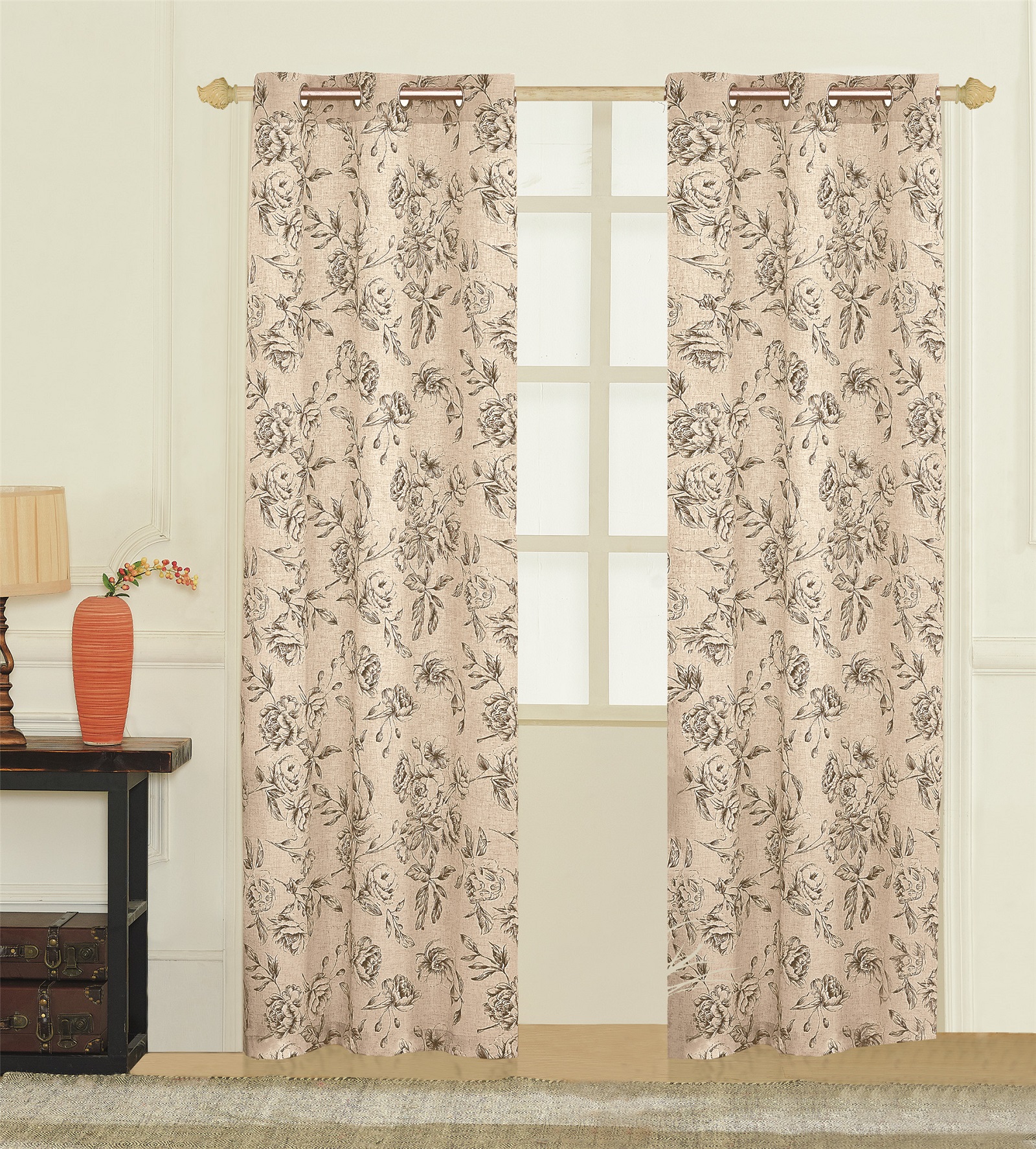 United Curtain Company Fiona is a Grommet Top 72" x 84" Poly-Linen Blend Print available in Black, Blue & Beige