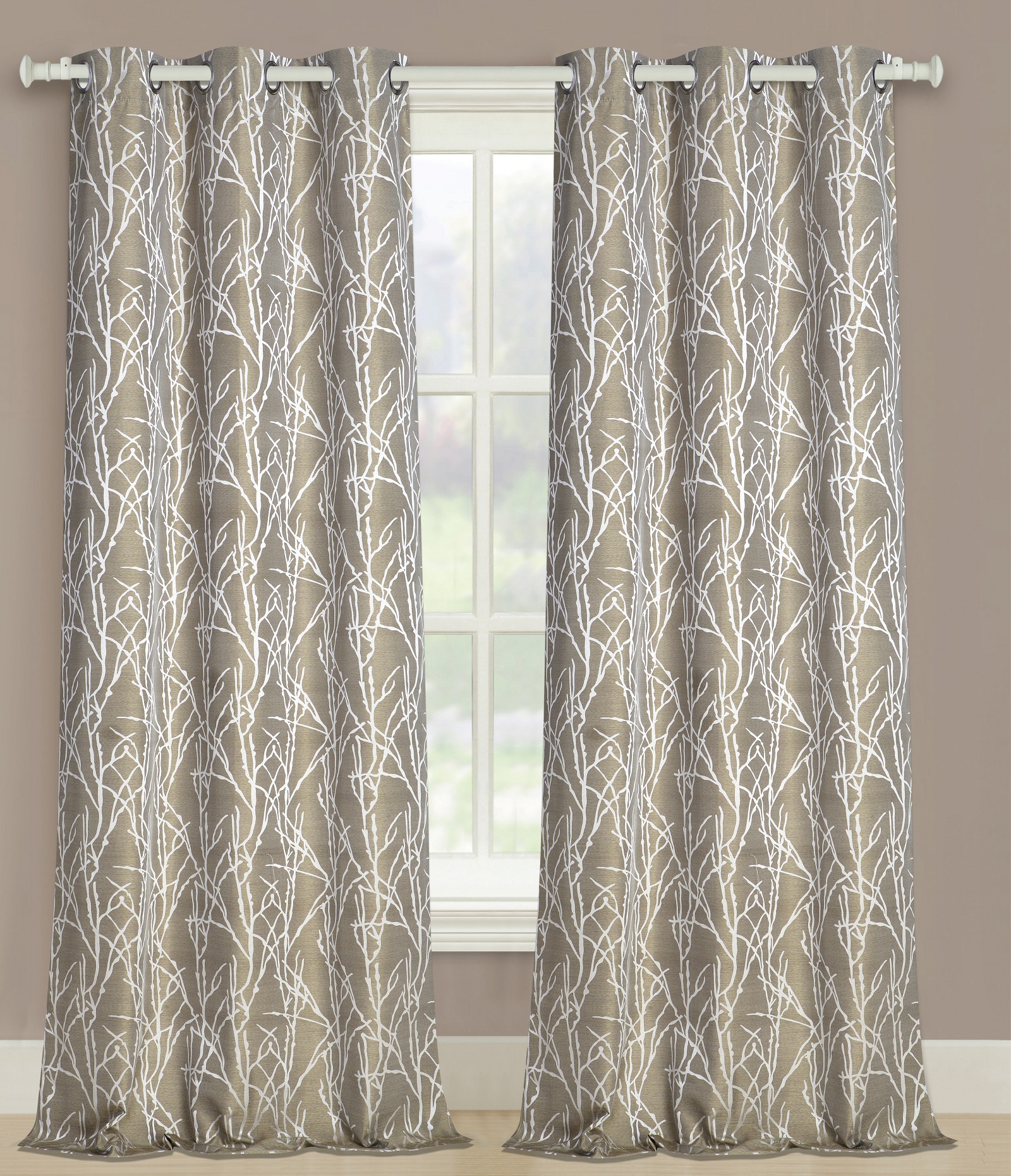 United Curtain Company Taylor 76" wide x 63" long grommet top jacquard twig design. Available in: Gold, Natural and Plum