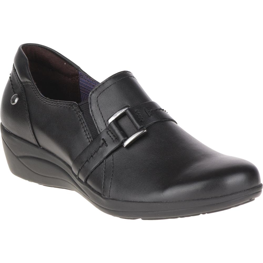 Hush Puppies Women's Charming Oleena Black Leather Comfort Wedge Pump - Wide Width Available