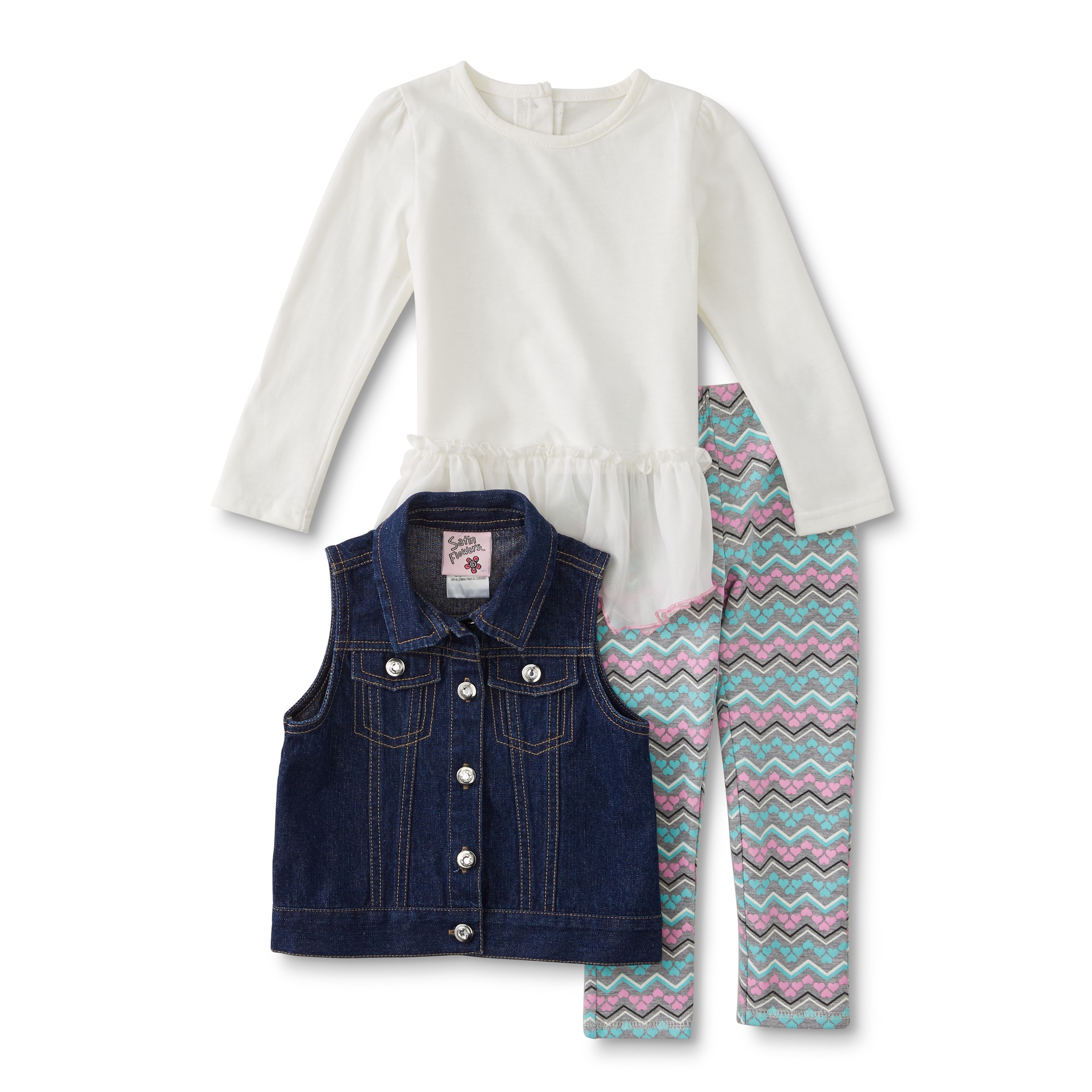Little Lass Infant & Toddler Girl's Denim Vest, Top & Leggings - Hearts