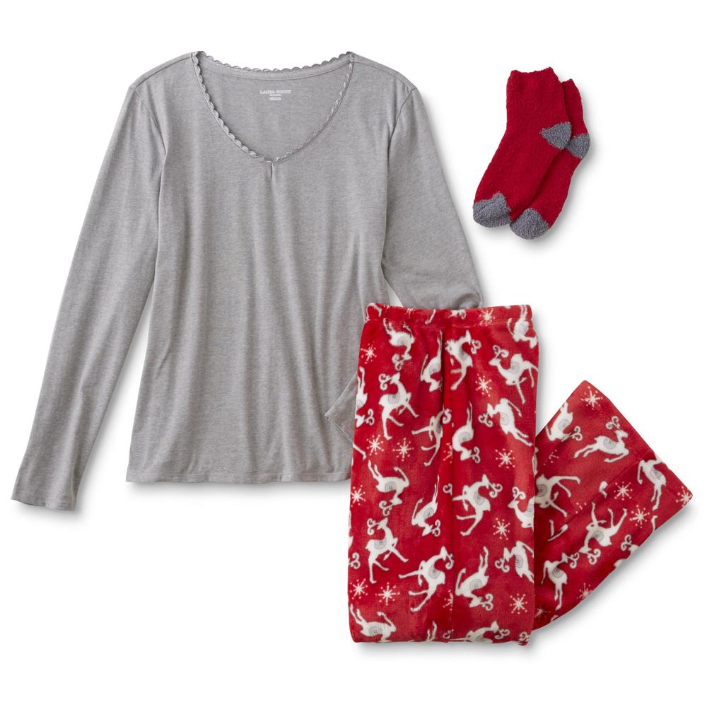 Laura Scott Women's Plus Pajama Shirt, Pants & Socks - Reindeer