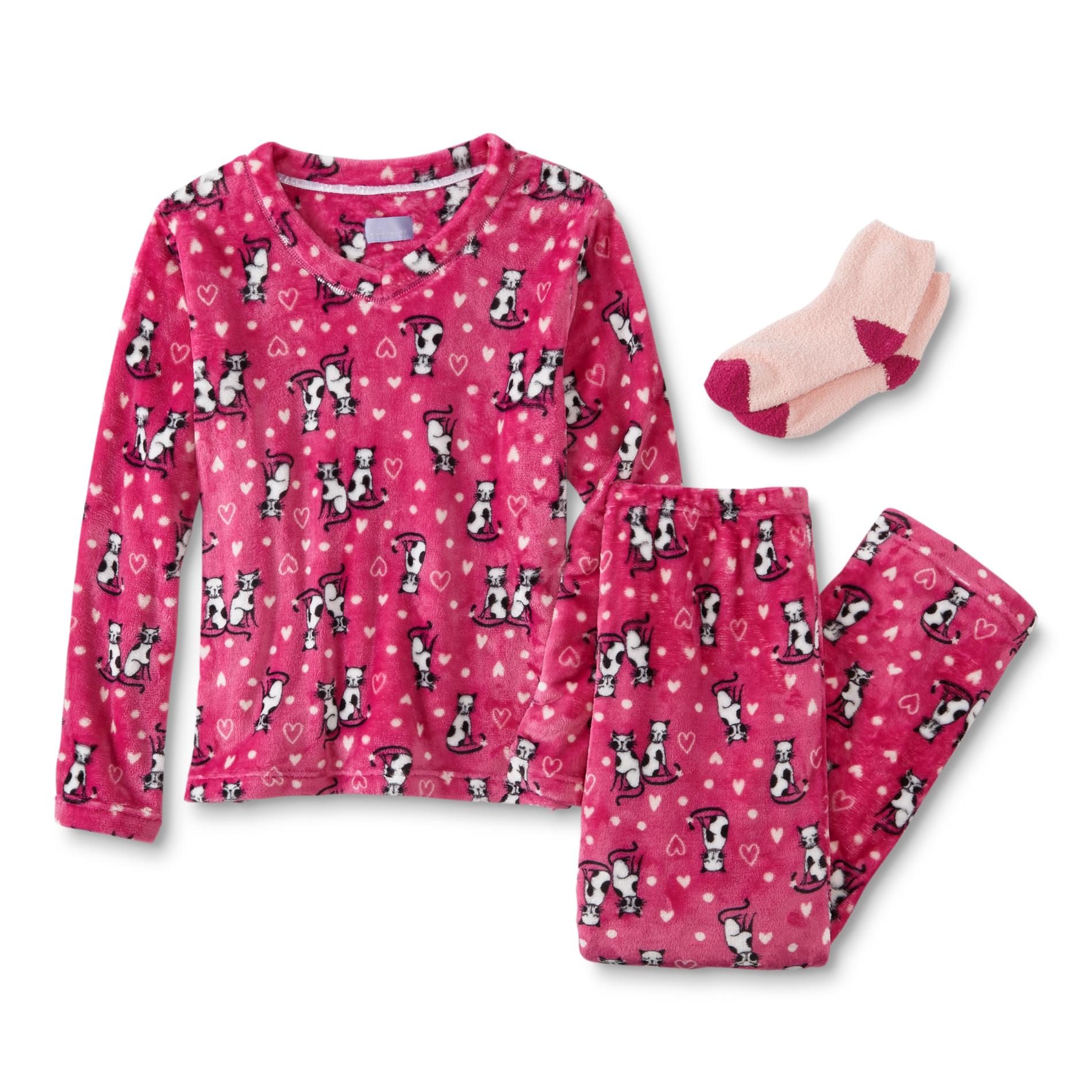 Laura Scott Women's Fleece Pajama Top, Pants & Socks - Cats