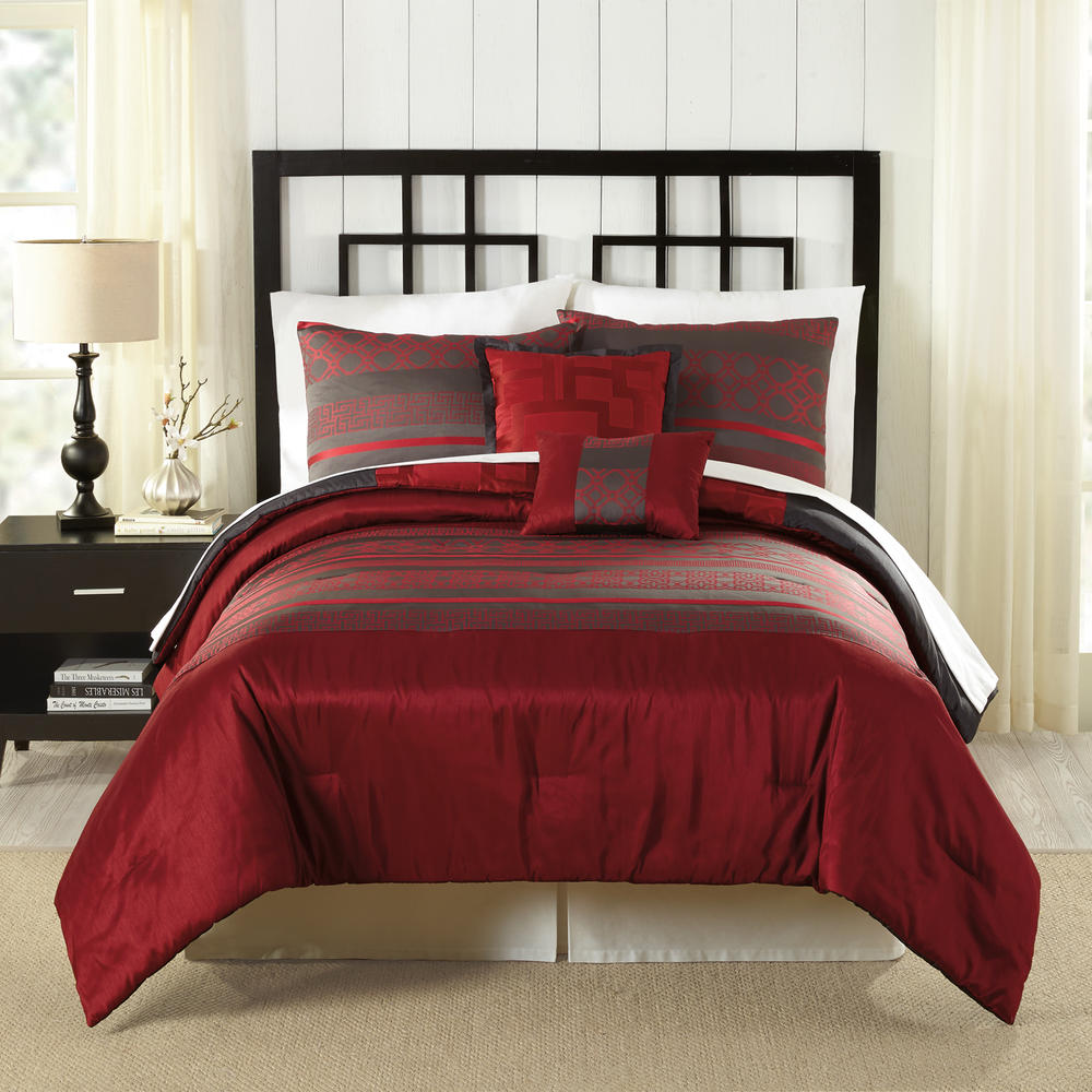 5 Piece Reversible Jacquard Comforter Set - Crimson Grid